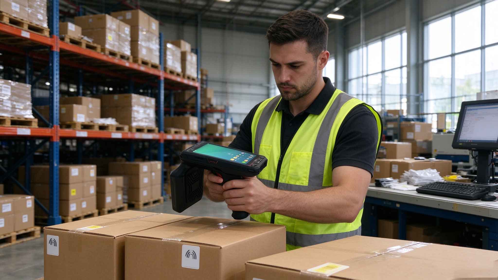 A warehouse operator reads RFID-tagged cartons with a handheld UHF RFID reader.