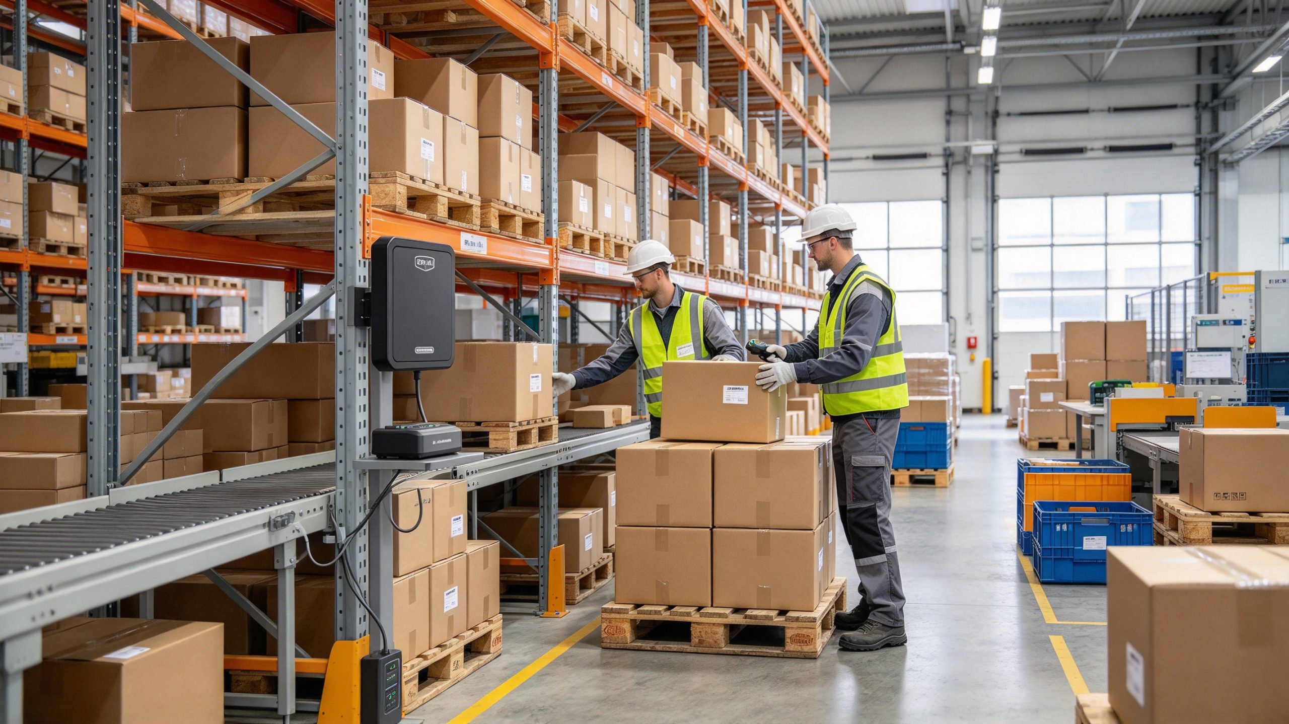 Warehouse operator using UHF RFID reader to scan tagged products and understand RFID technology workflow