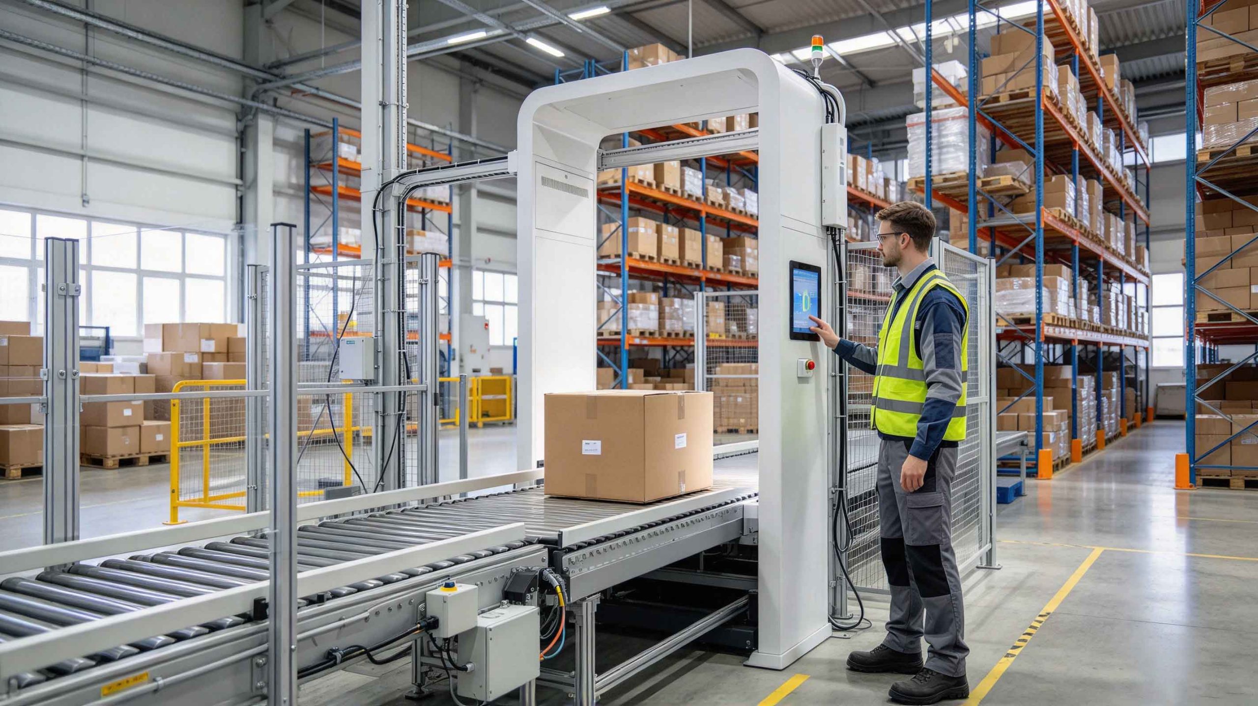 A fixed UHF RFID reader portal identifies tagged cartons on a warehouse conveyor.