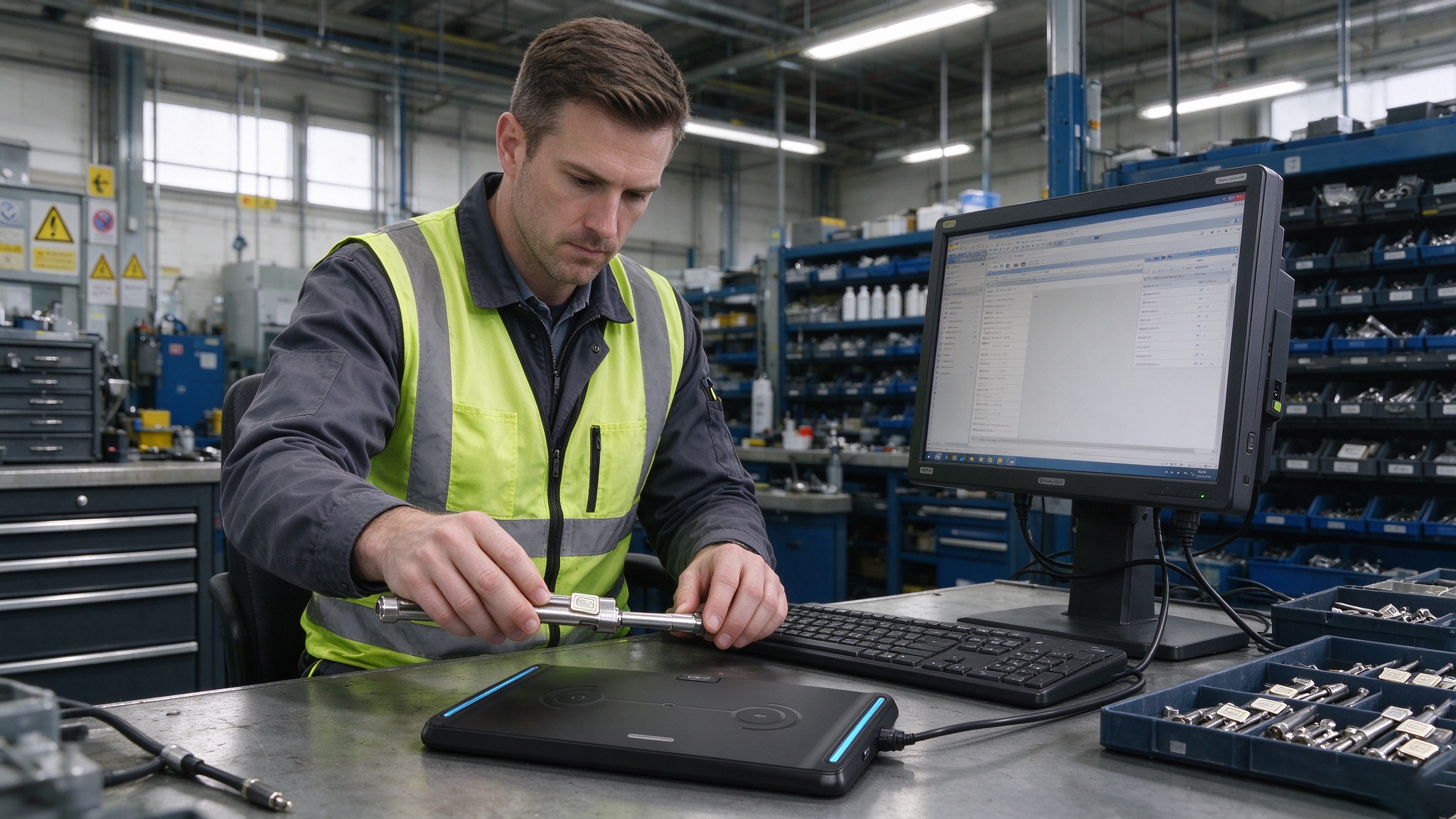 Warehouse technician using RFID desktop reader to manage tagged industrial equipment