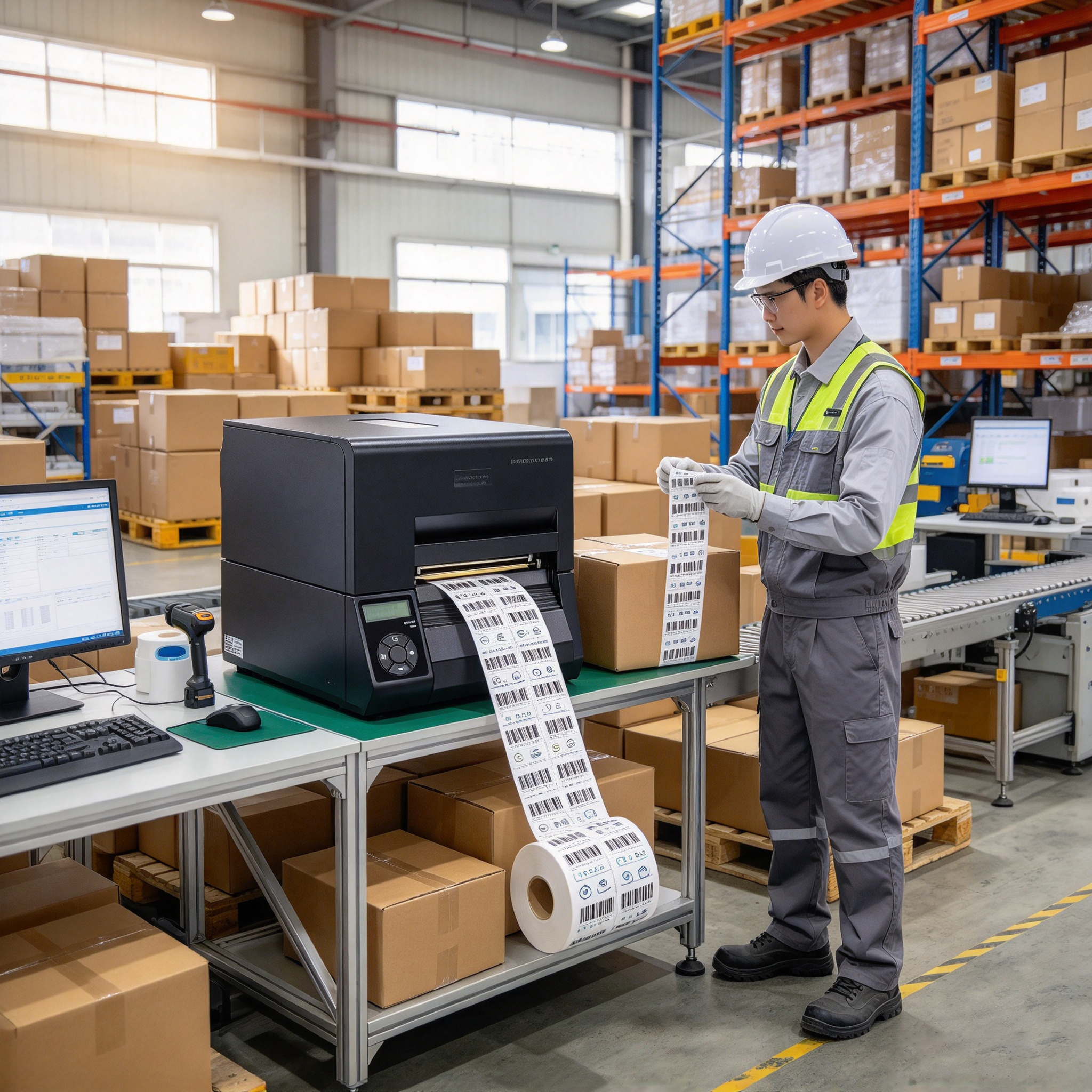 what is rfid printer 2 Warehouse employee using an RFID printer to create encoded smart labels for inventory management.