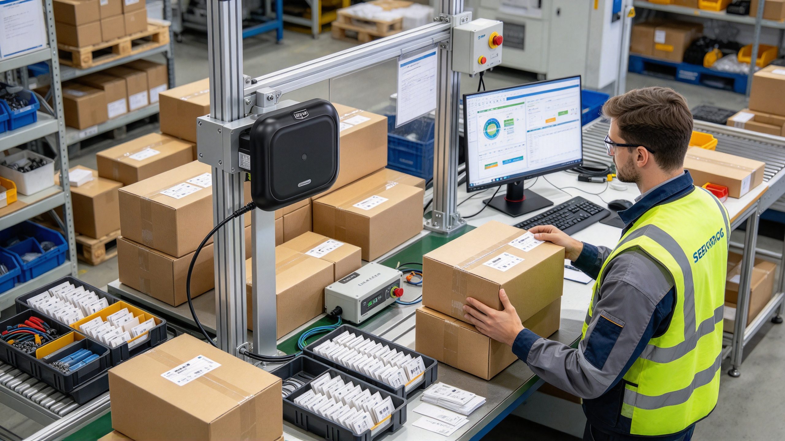 what is the definition of rfid 2 Engineer testing an industrial UHF RFID reader and RFID tags at a European equipment workstation.