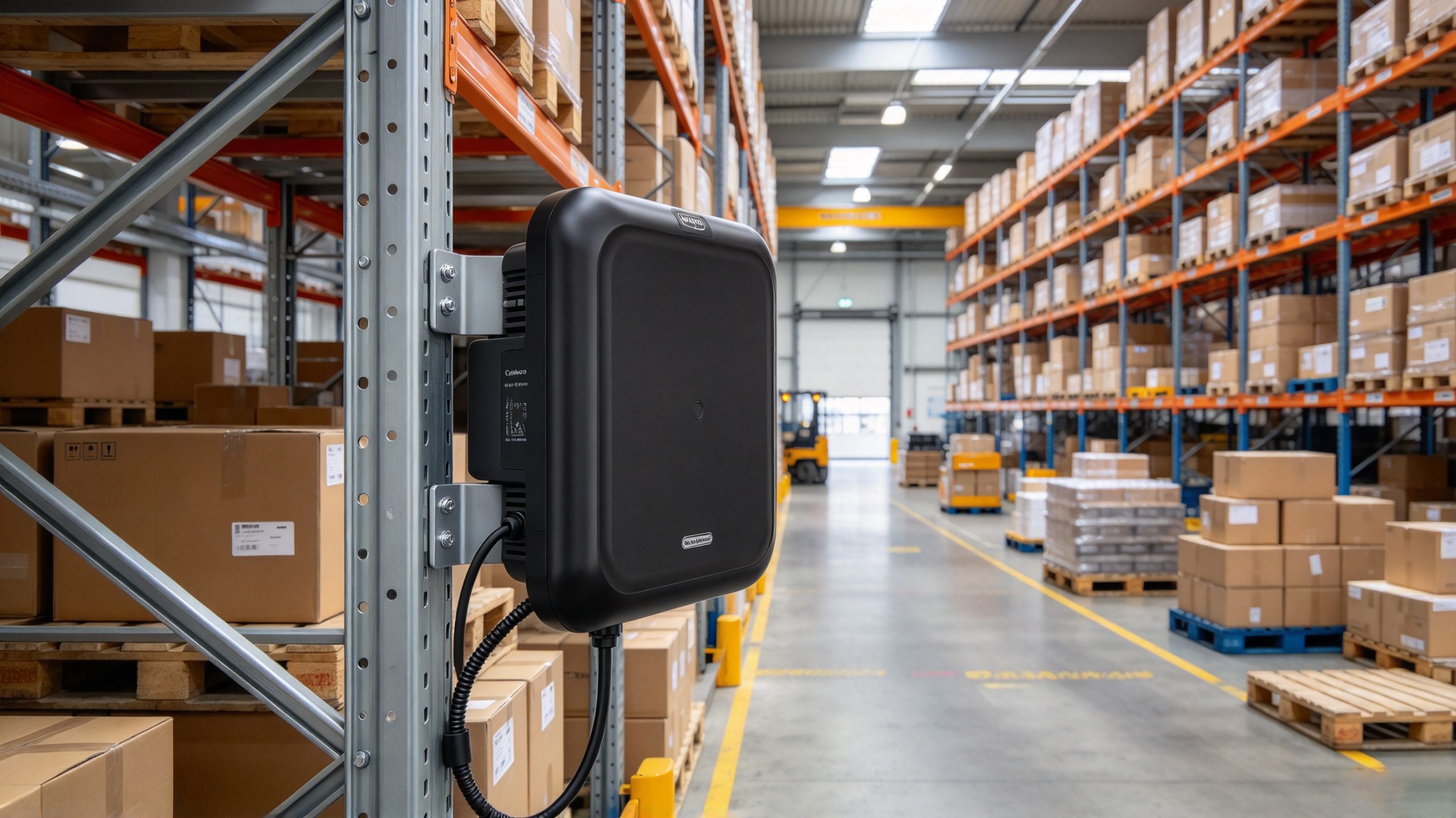 Integrated UHF RFID reader mounted beside a warehouse passage for identifying tagged goods.
