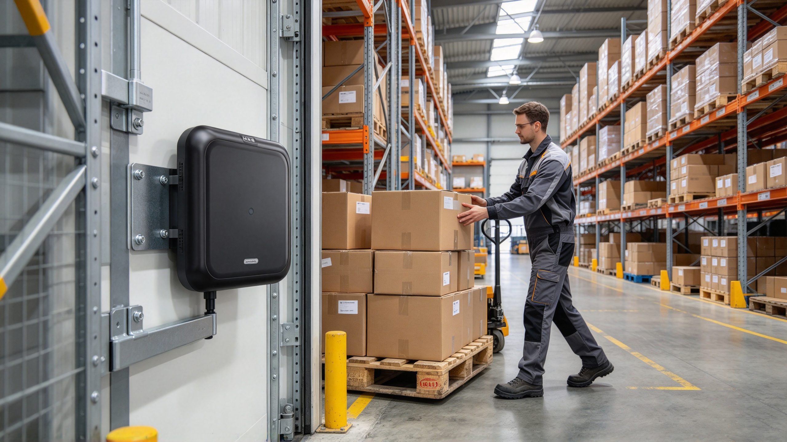 Fixed UHF RFID reader beside a warehouse passage as an employee moves RFID-tagged cartons.