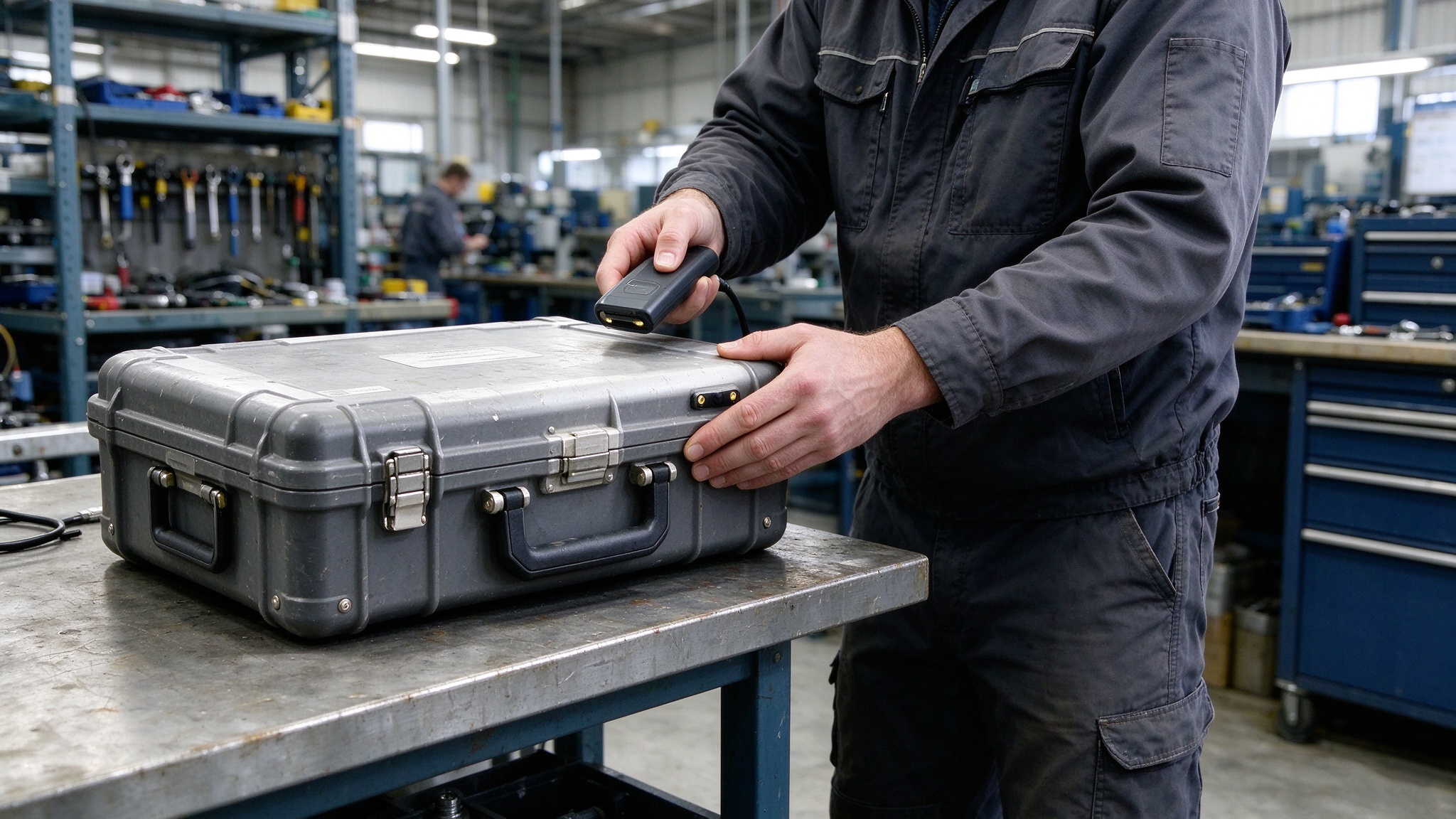 A maintenance technician checking a rugged RFID tag attached to an equipment case in a European industrial workshop.
