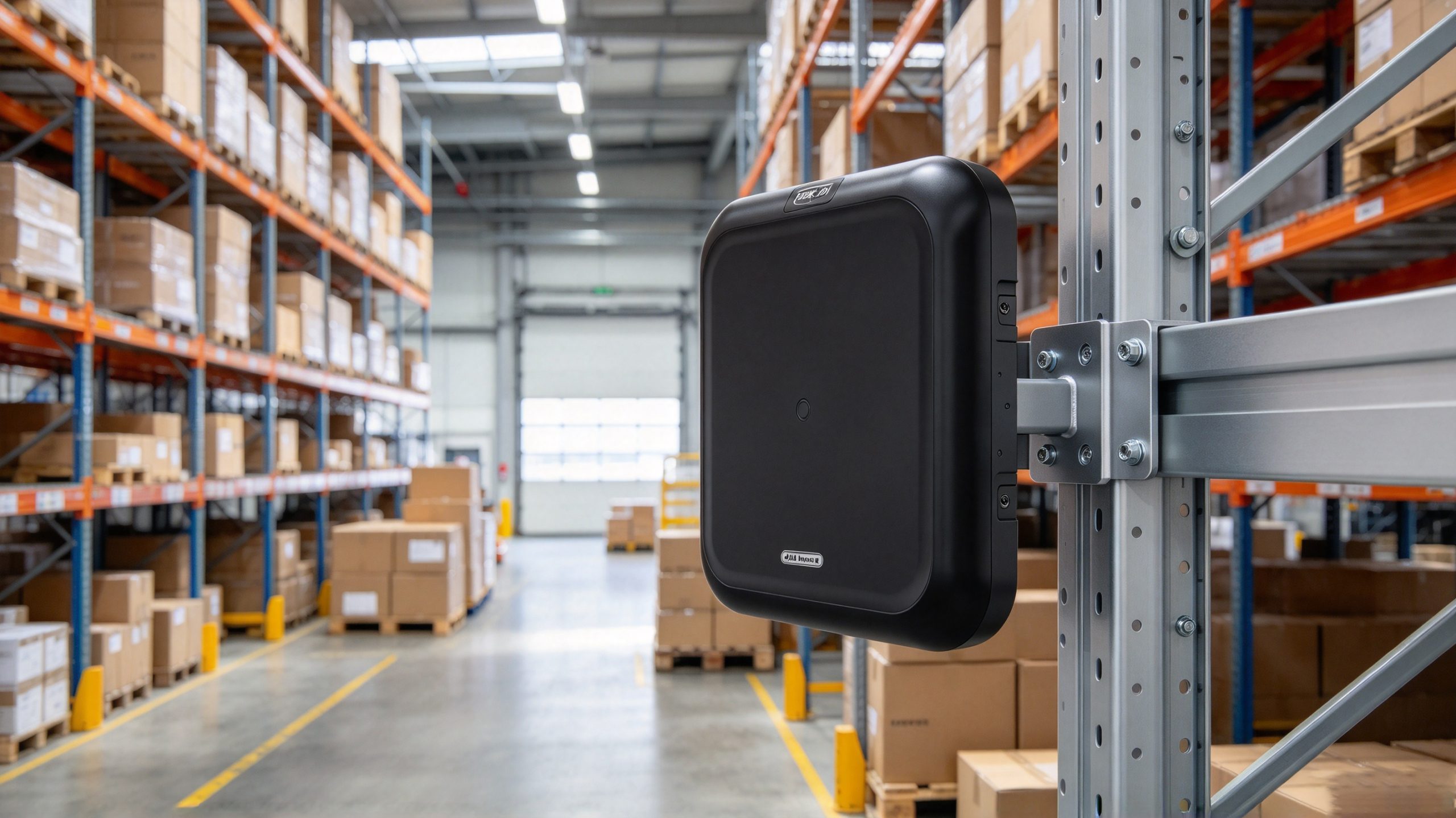 Integrated industrial UHF RFID reader mounted beside a goods passage in a warehouse.