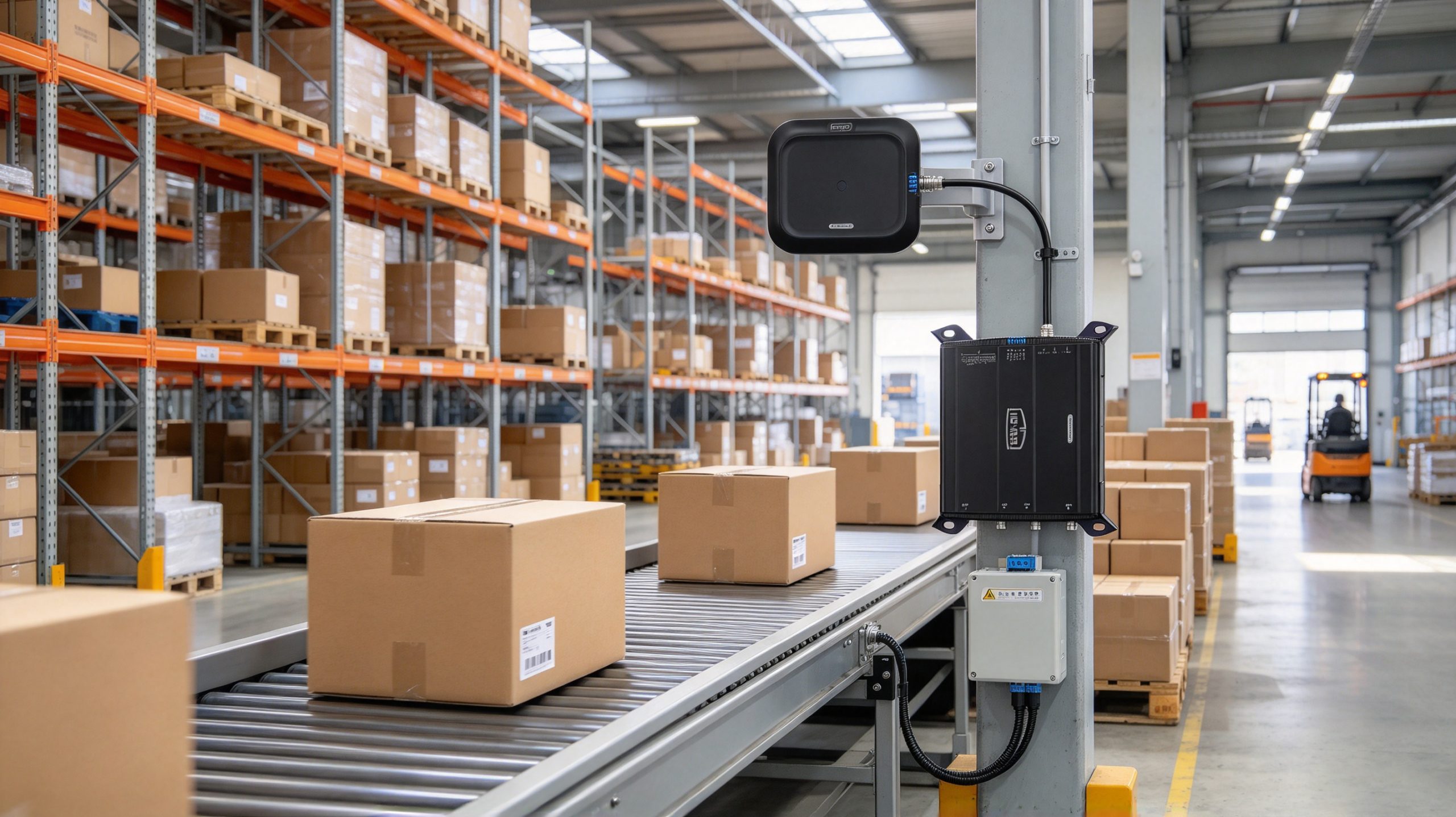 What Is the RFID Reader? 1 Fixed UHF RFID reader and antenna positioned beside a conveyor carrying RFID-tagged cartons.