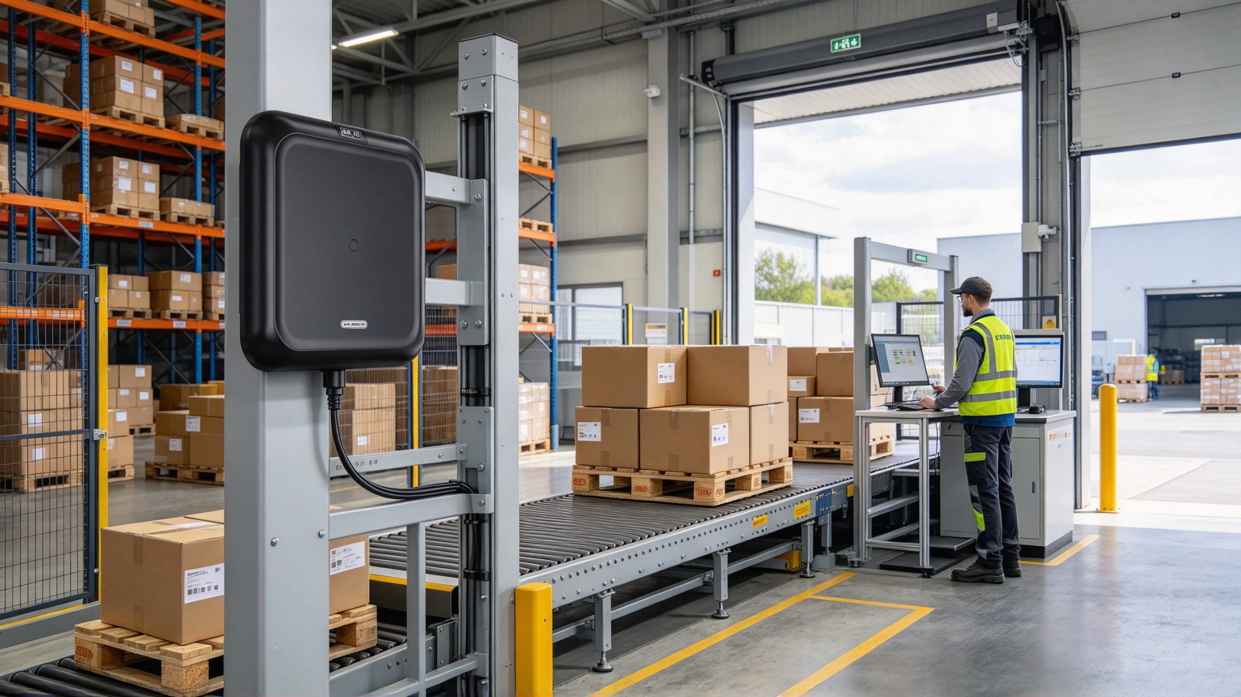 what is rfid solutions 1 Industrial RFID reader installed in a European warehouse for automated inventory tracking.