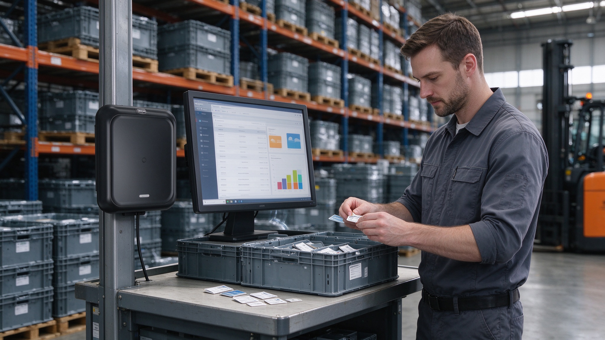 Technician checking a replacement UHF RFID tag with a fixed industrial RFID reader at a European warehouse asset-management station.