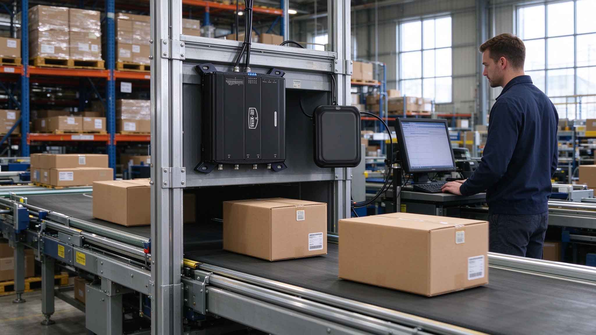 What Is Passive RFID? 2 Fixed passive UHF RFID reader identifying tagged cartons in a European logistics warehouse