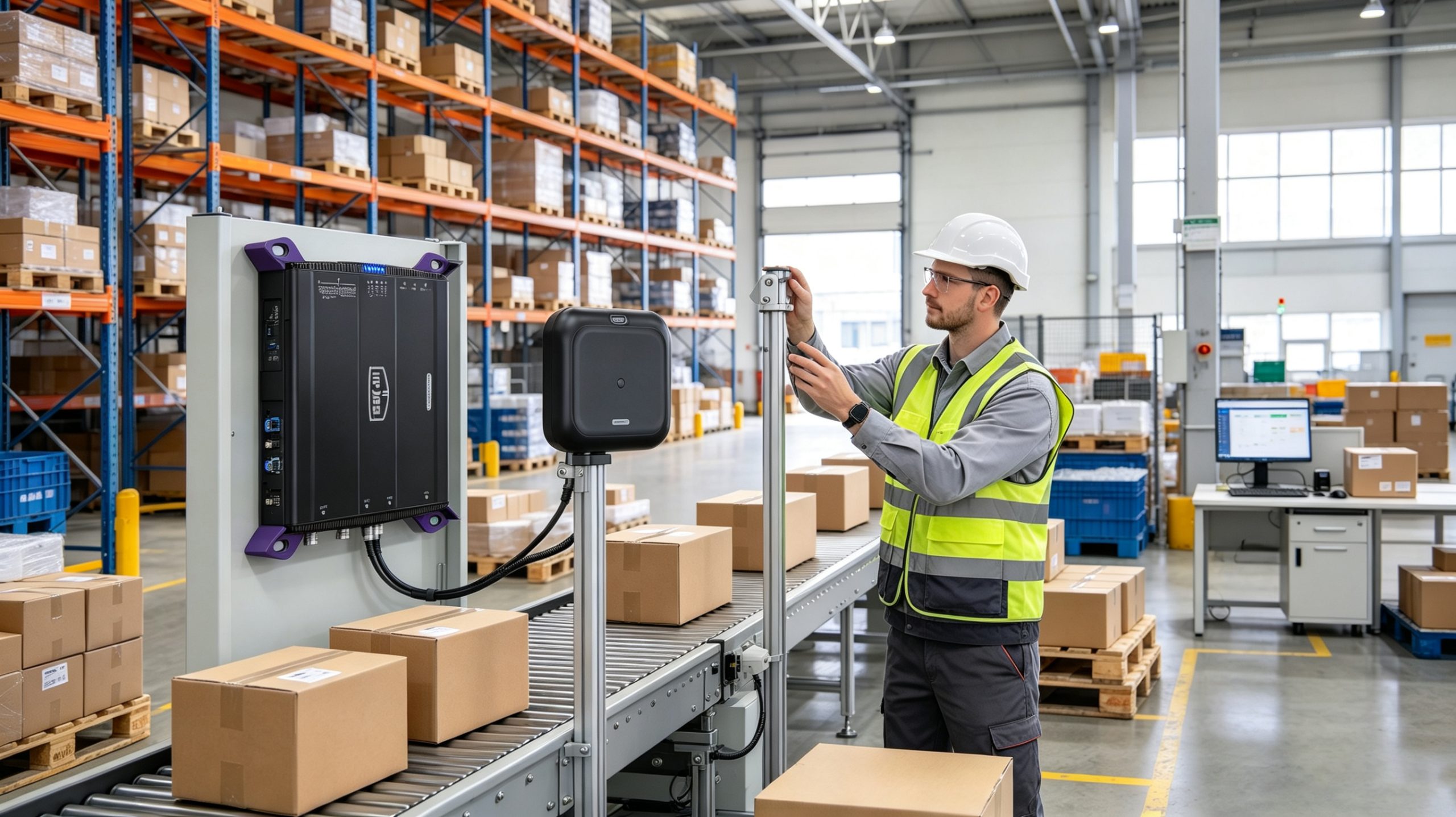 Engineer adjusting a fixed UHF RFID antenna to test tagged cartons on a warehouse conveyor.