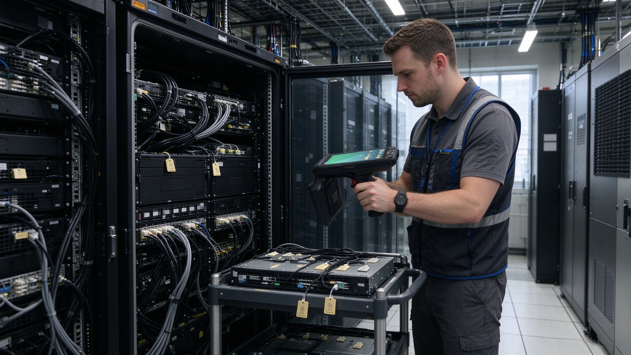 IT technician using a handheld RFID reader to inventory tagged server equipment in a data center.