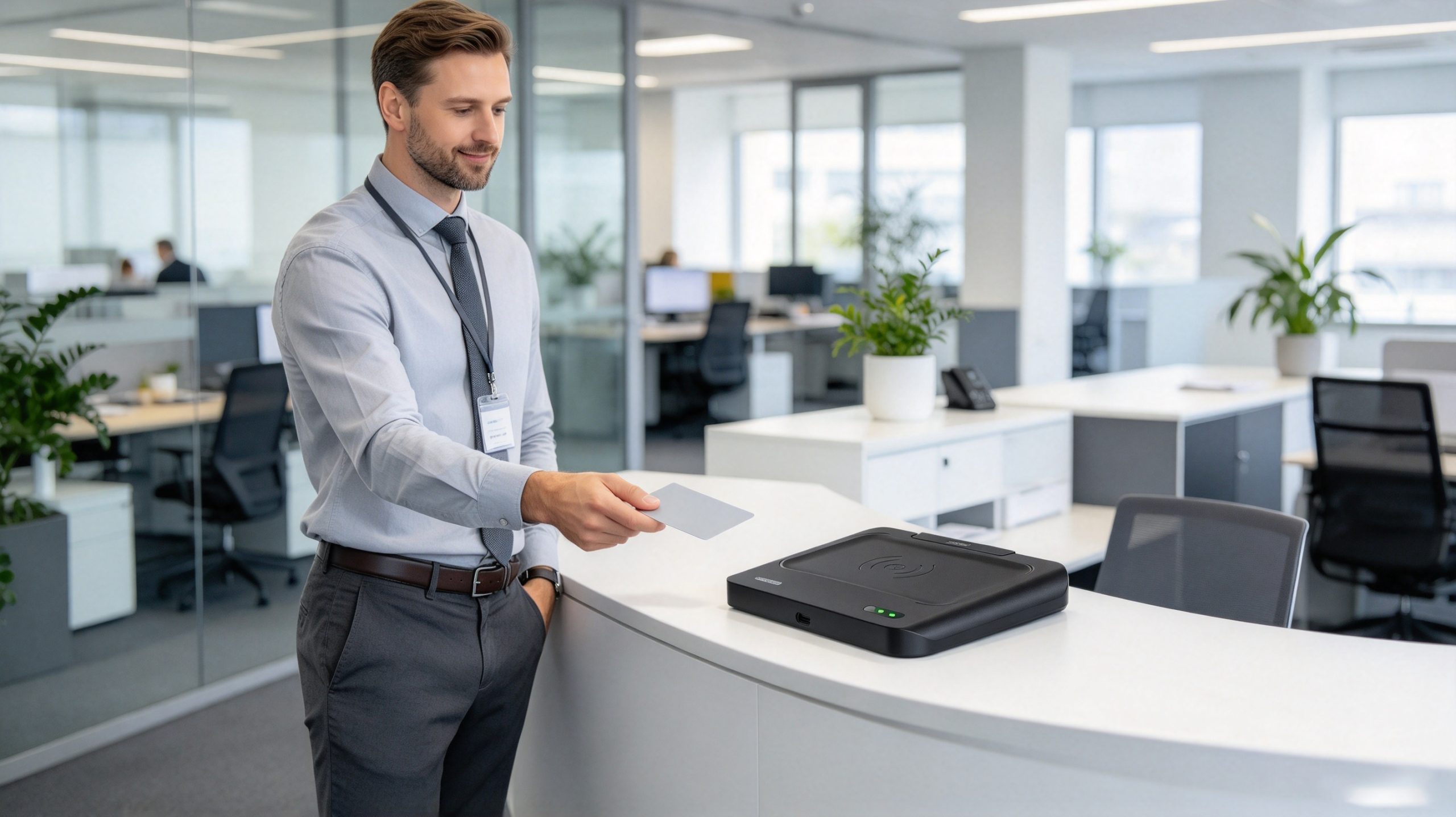 An office employee presenting an RFID identification card to a contactless card reader at a modern European reception desk.