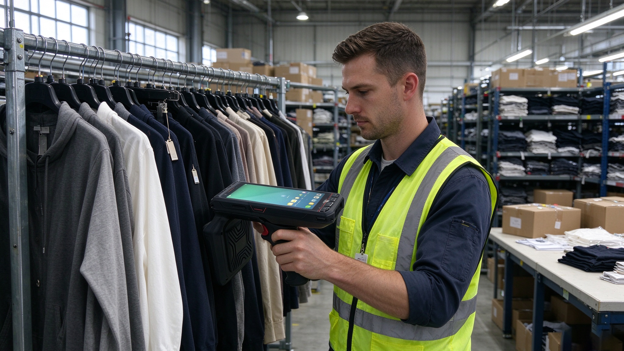 Apparel warehouse worker scanning RFID tagged clothing items with a handheld RFID reader.