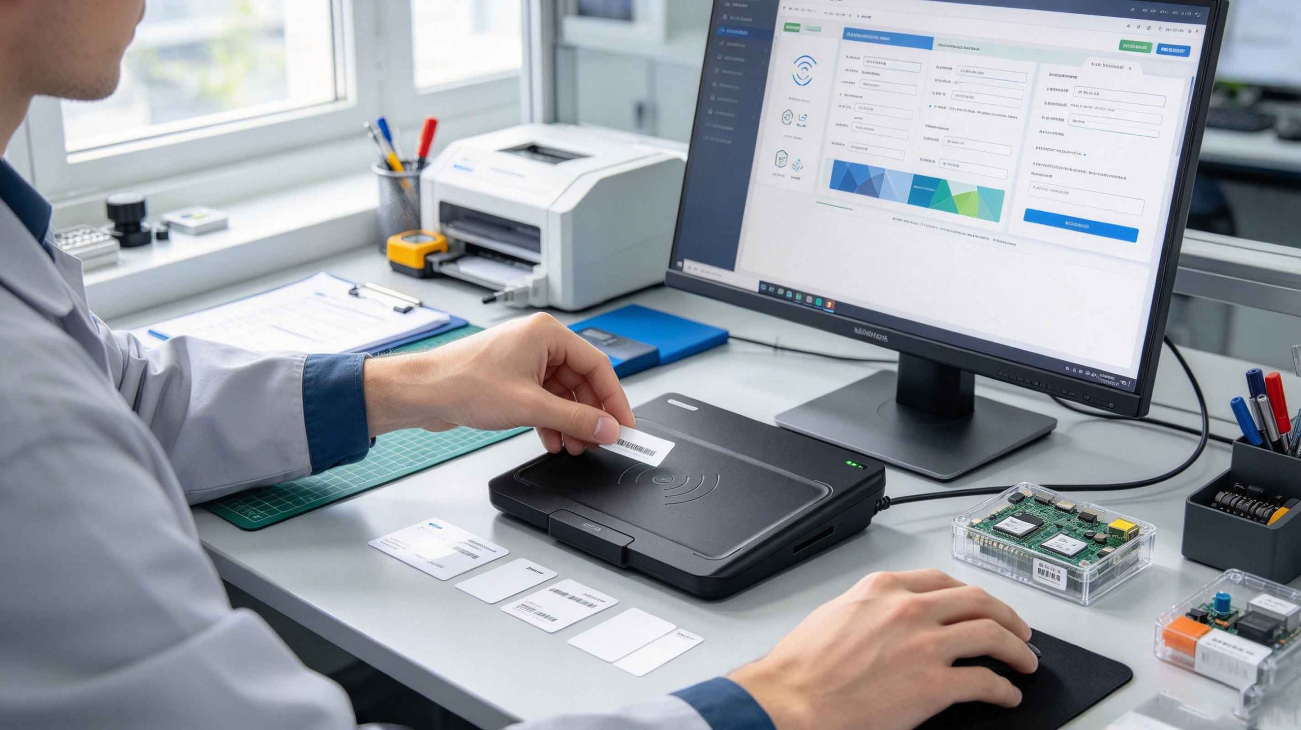 what is rfid code 2 Technician using a desktop RFID reader-writer to encode and verify RFID labels beside a computer in a European workplace.