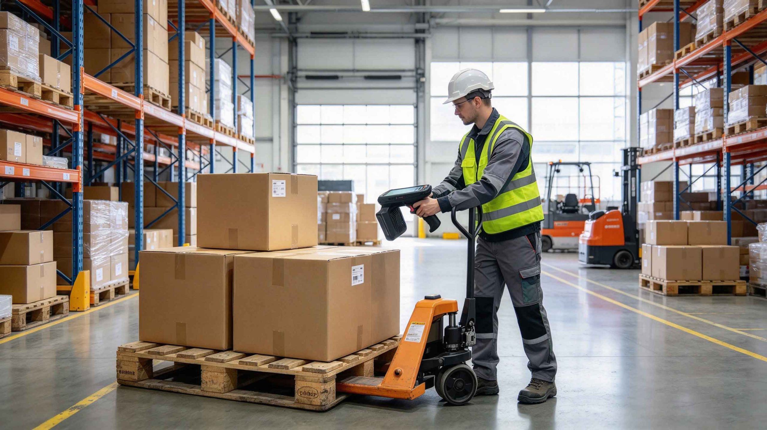what is rfid device 1 A warehouse operator using a handheld RFID device to identify tagged cartons during inventory management.