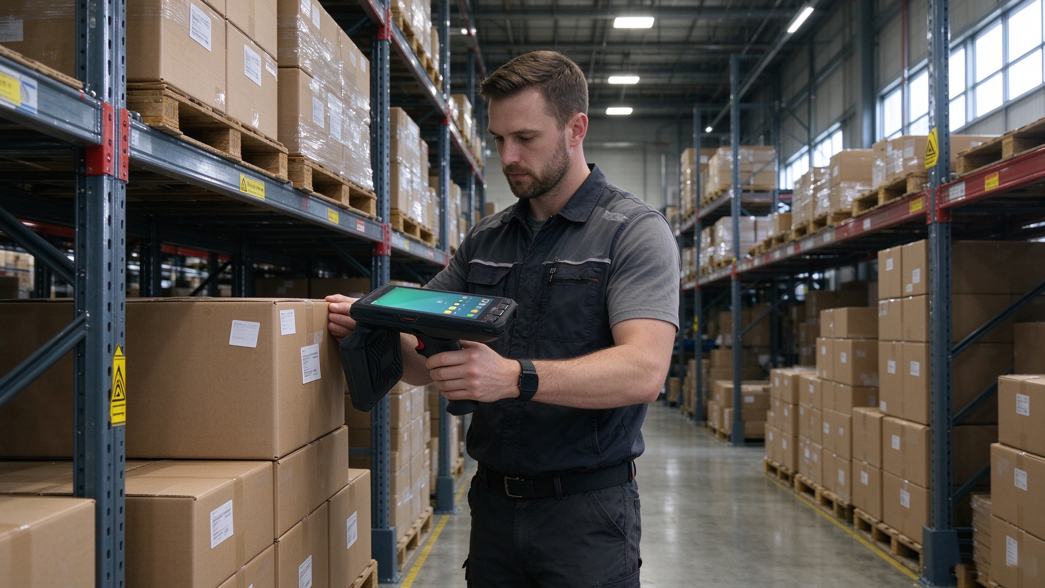 Warehouse employee using a handheld RFID reader to identify tagged inventory boxes.