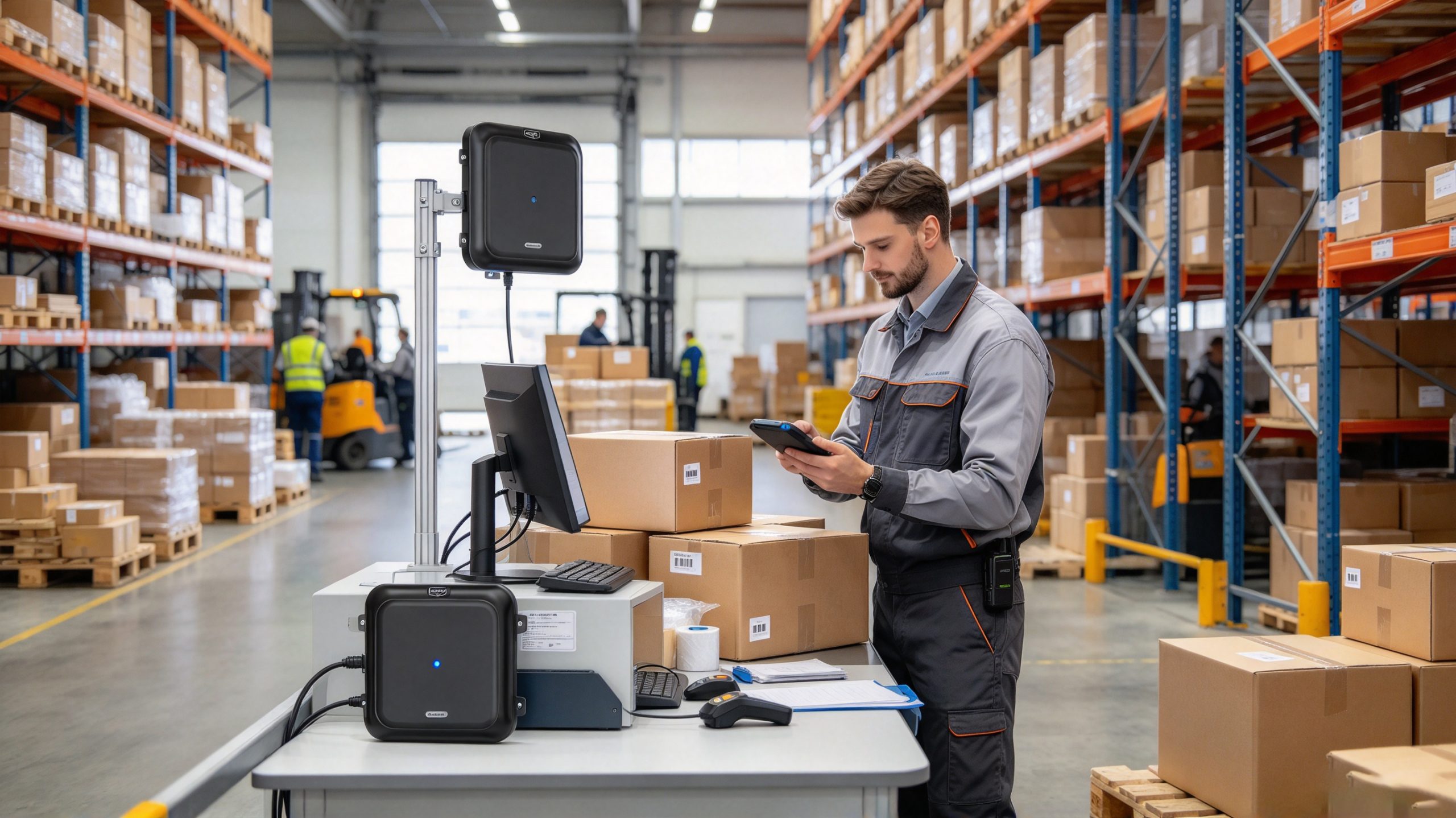 Warehouse operator using an RFID reader to identify tagged cartons at a logistics workstation.