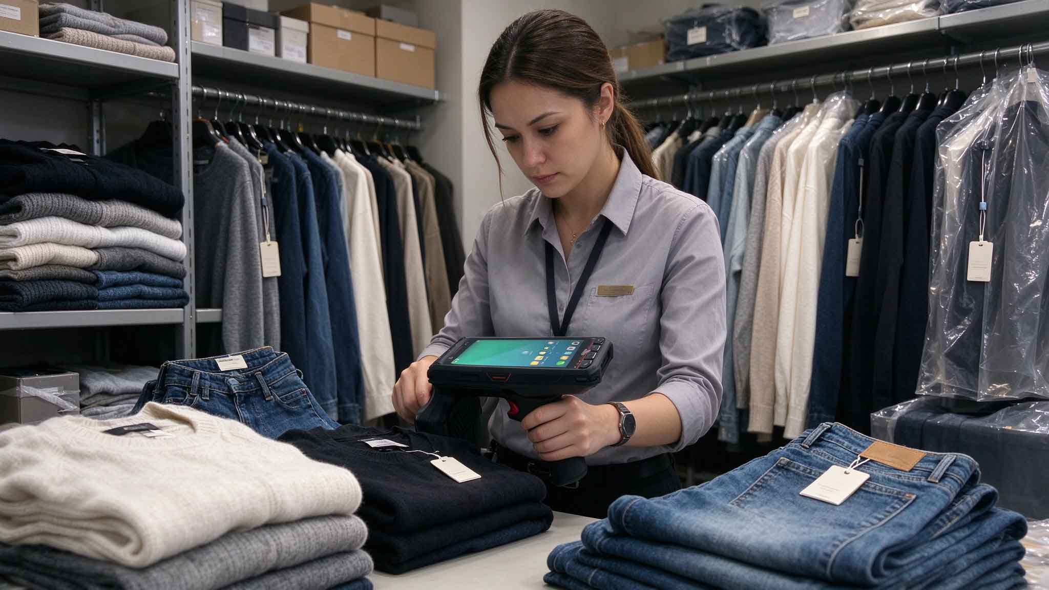 A retail employee uses a handheld RFID reader to check garment inventory in a clothing store.