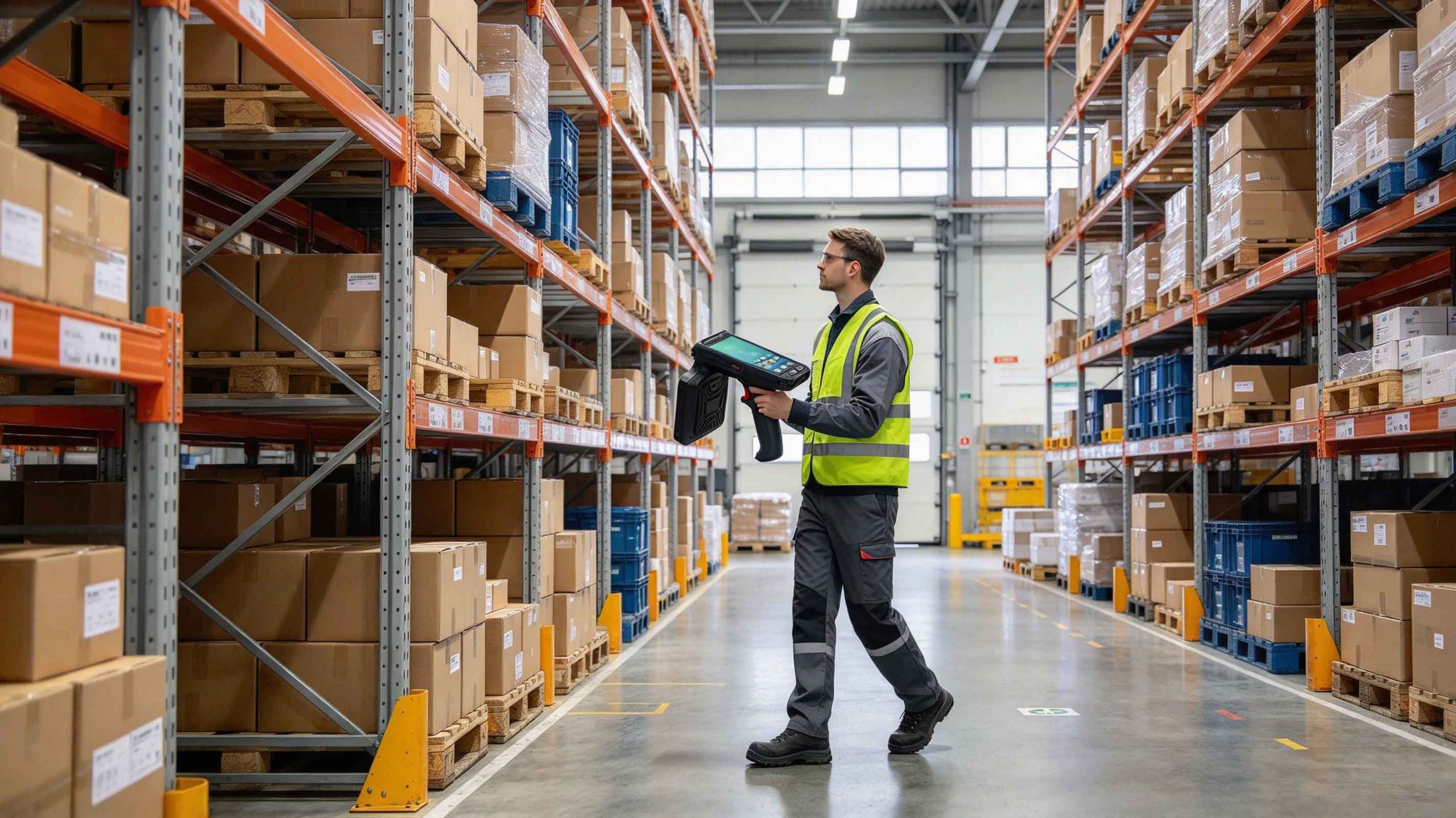 Warehouse employee using a handheld UHF RFID reader to identify tagged inventory on storage shelves.