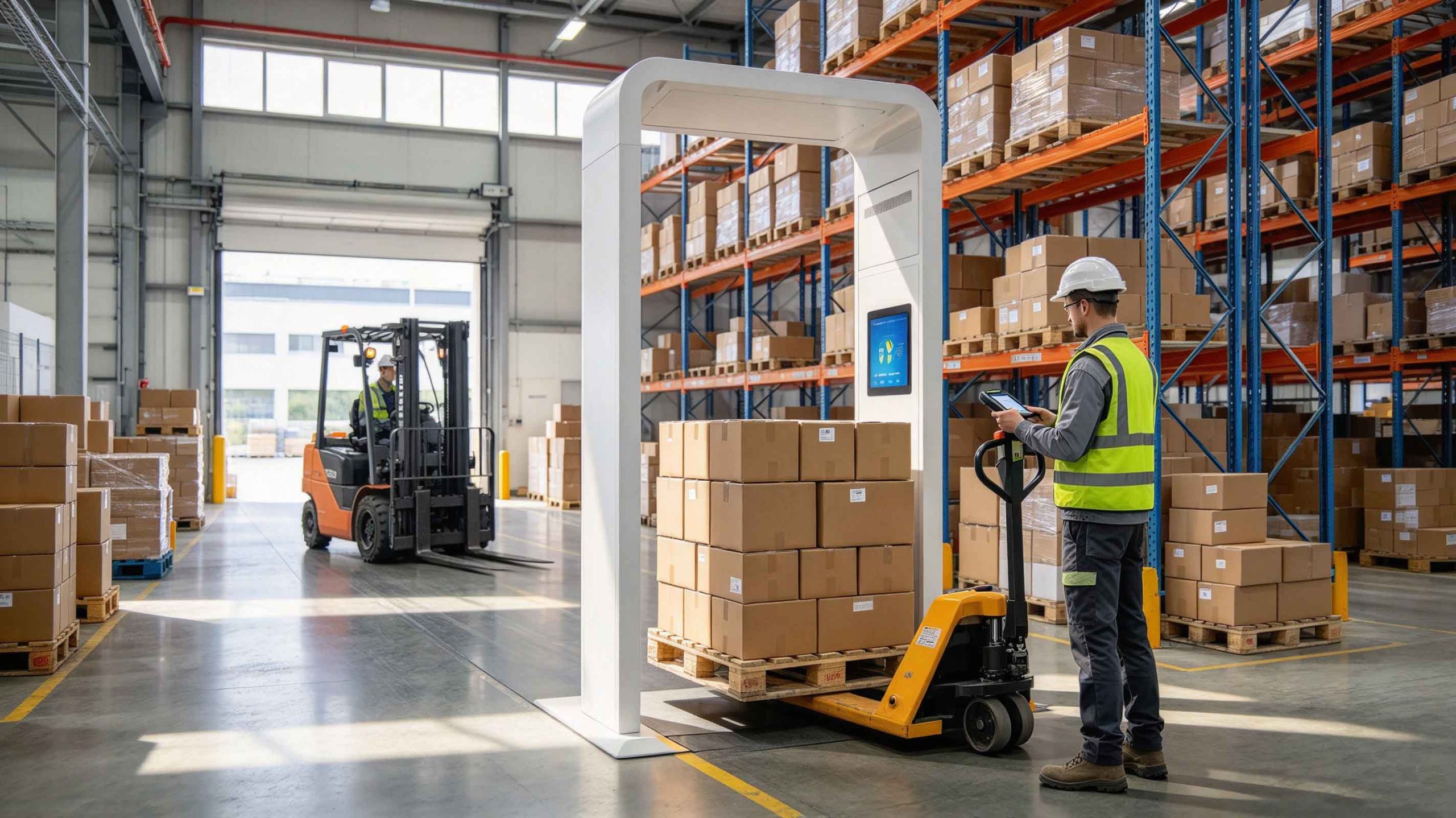 A fixed UHF RFID reader identifies tagged cartons in a European warehouse.