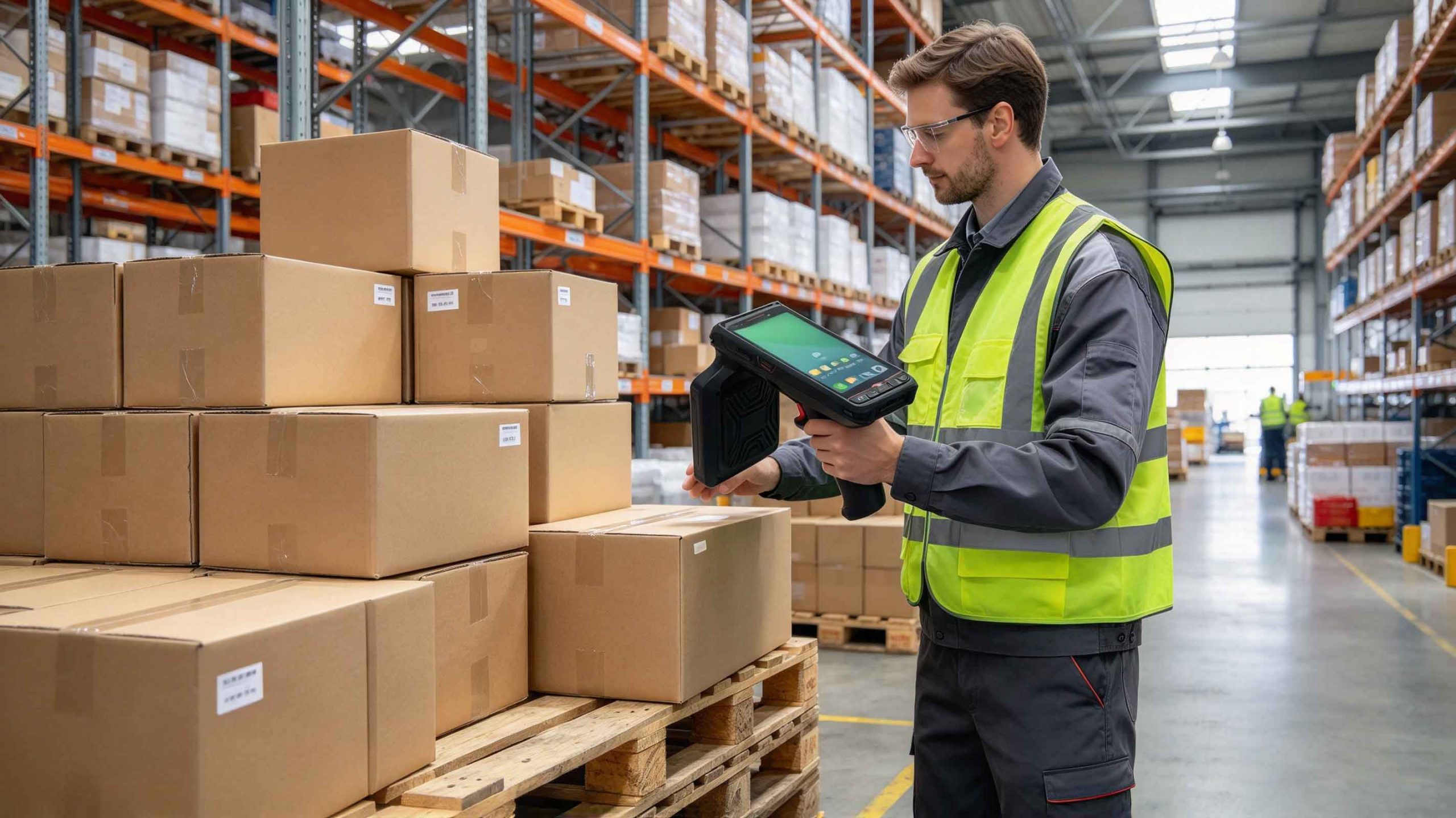Warehouse employee using a handheld RFID reader to identify tagged cartons during an inventory check.