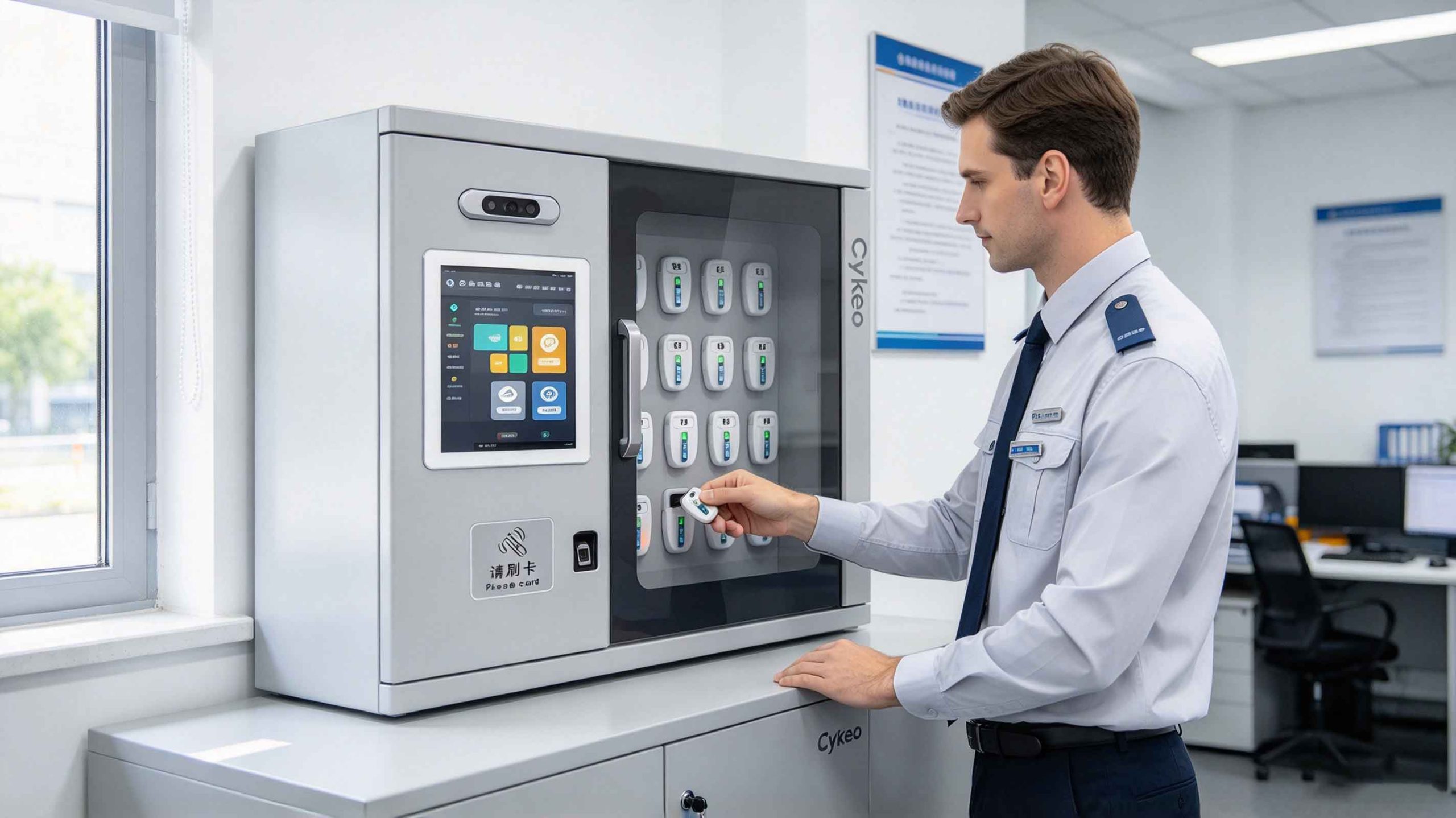 Fleet administrator returning an RFID-tagged vehicle key to its assigned slot in a smart key cabinet.