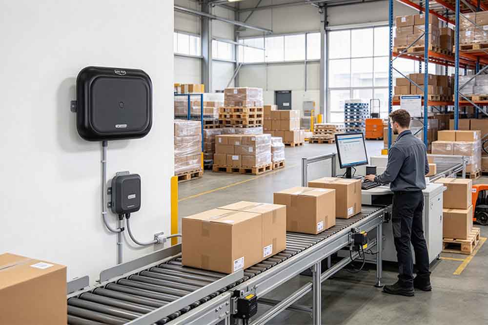 Fixed UHF RFID reader and antenna identifying tagged cartons at an organized warehouse receiving station.