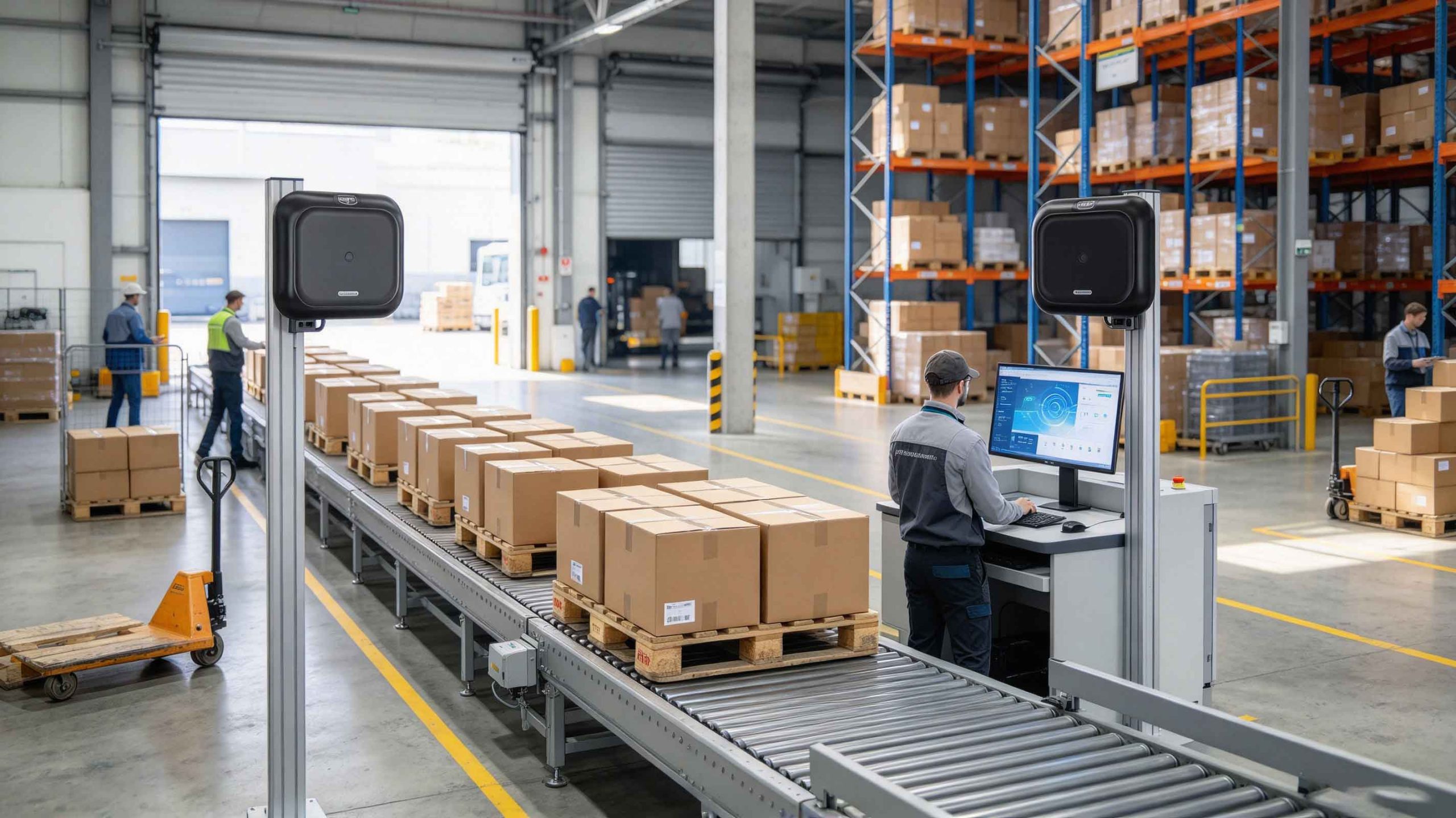 what is rfid in supply chain management 2 Fixed UHF RFID readers identify tagged cartons as a pallet moves toward a warehouse dispatch area.