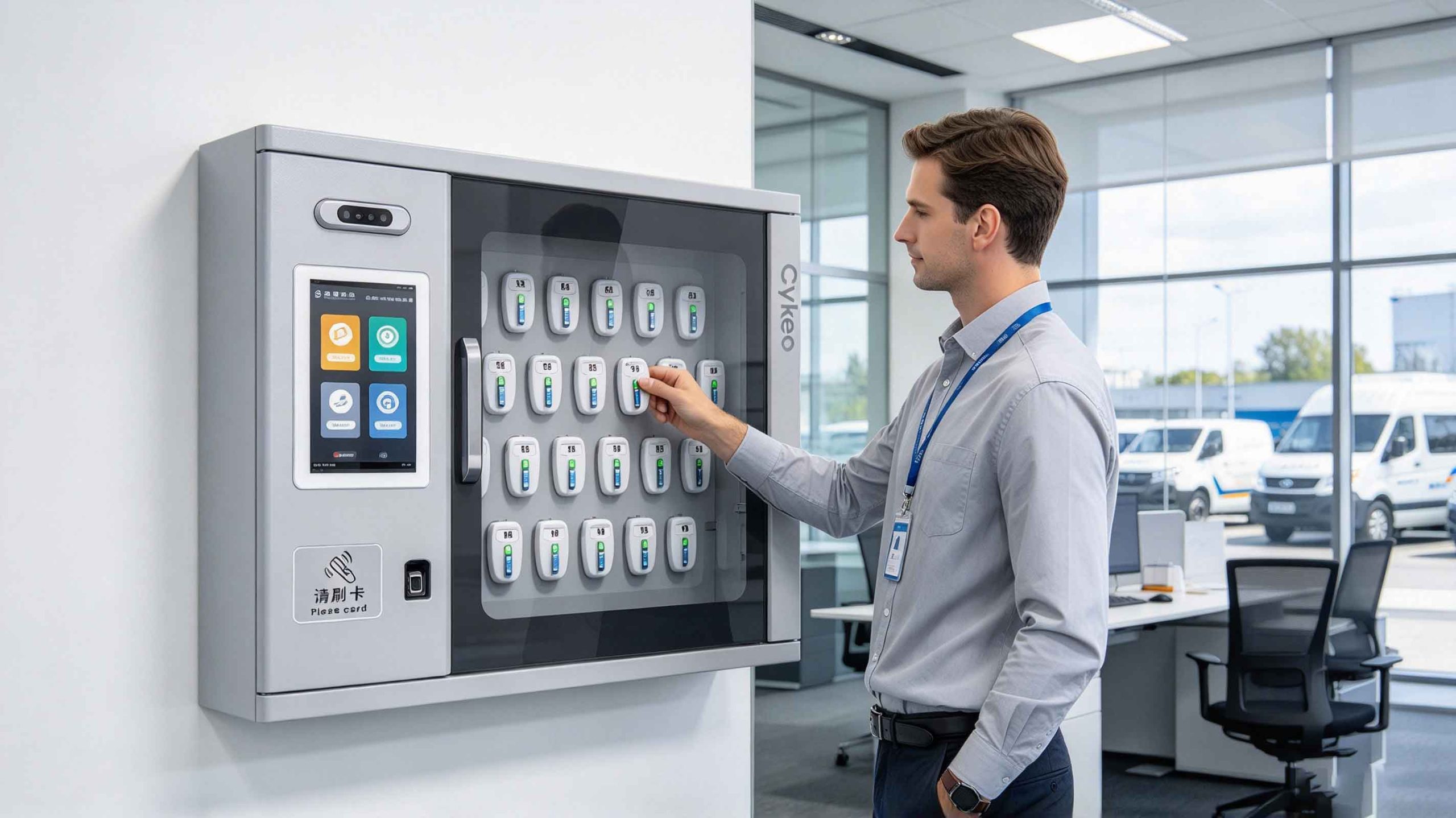 RFID smart key cabinet with touchscreen and individually controlled key slots in a corporate fleet office.