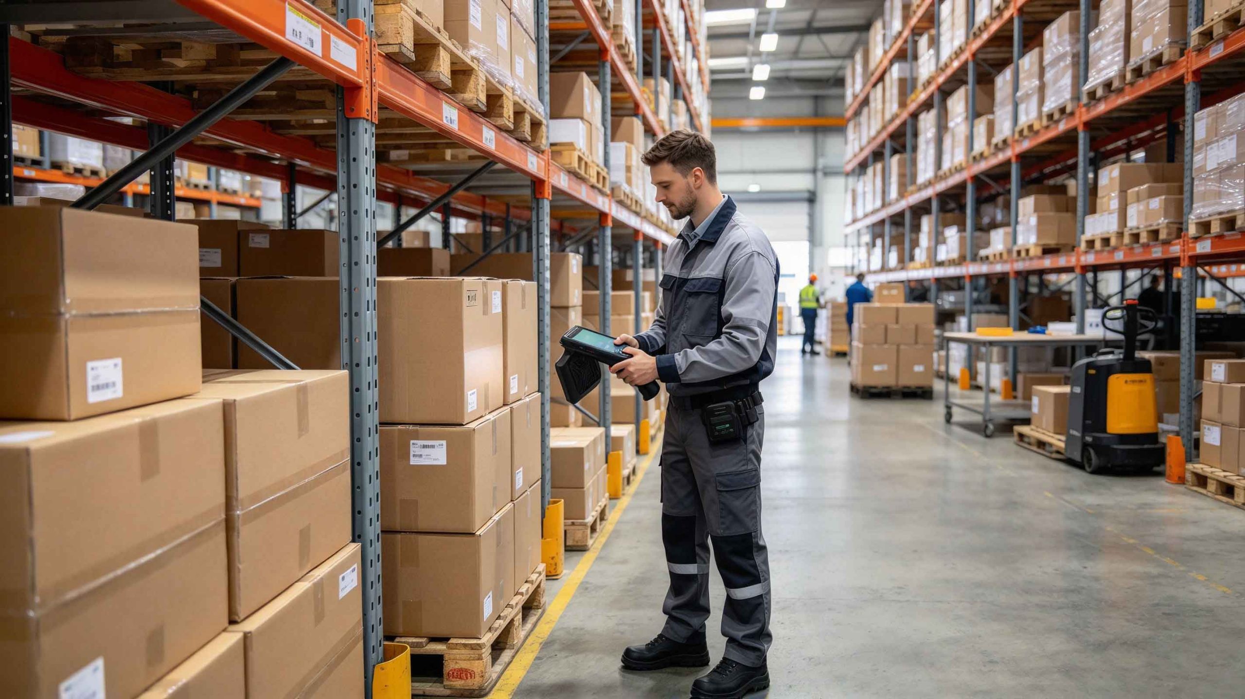 Warehouse operator using an RFID reader to identify tagged cartons during supply chain inventory checks.