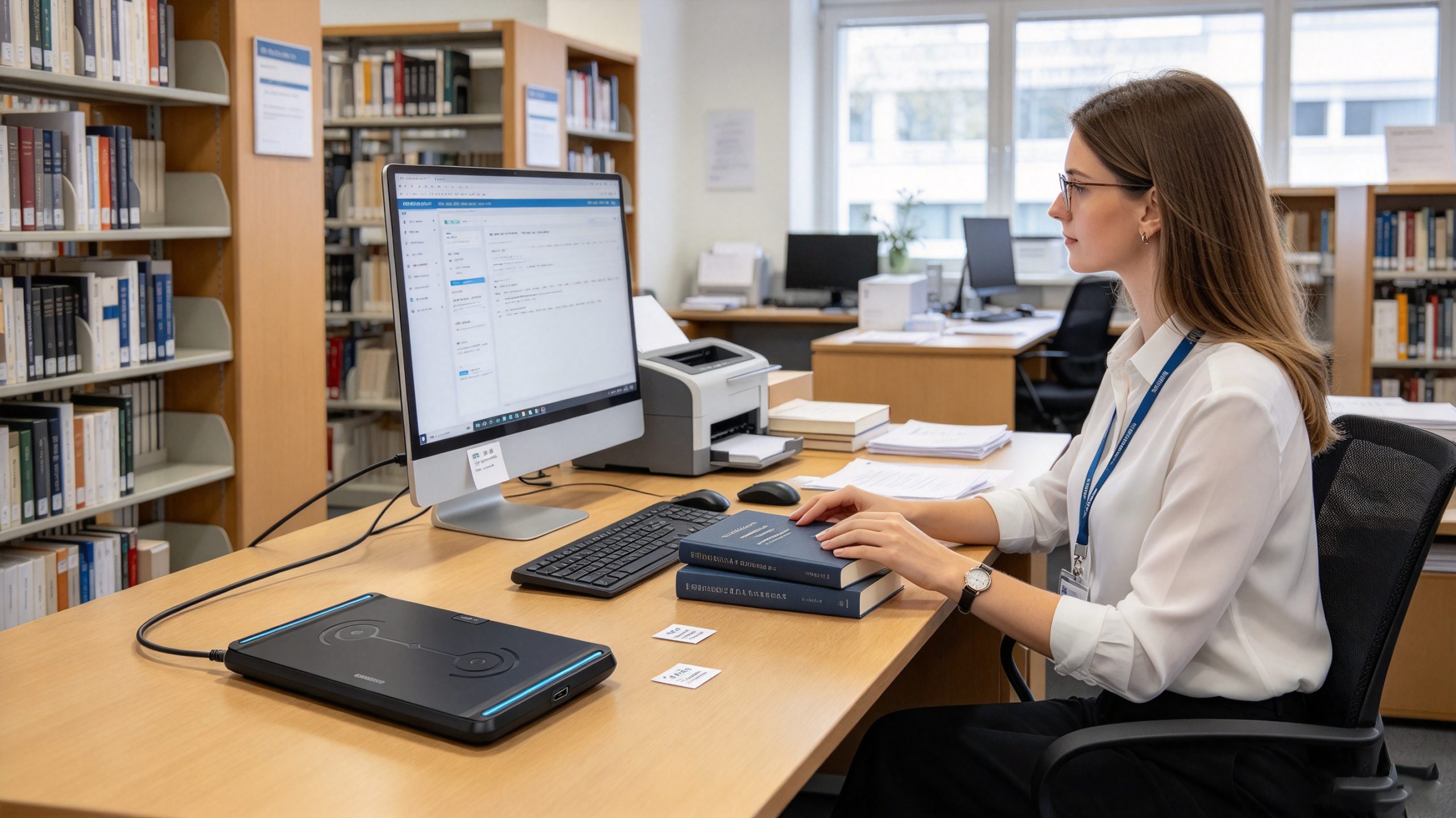 Professional librarian registering RFID tag numbers with a desktop RFID reader for book management