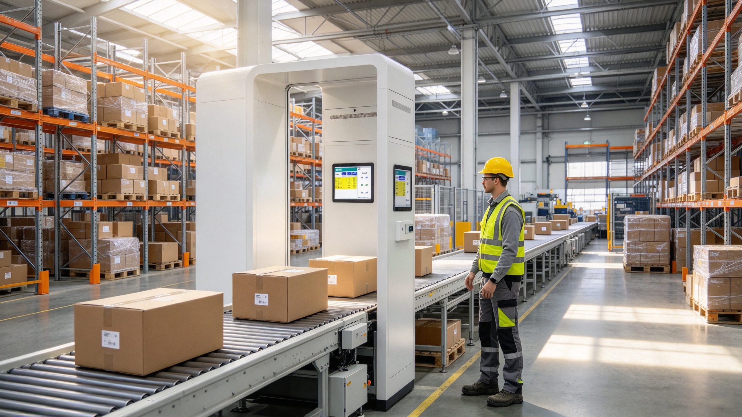 What Is the Range of RFID Tags? 1 Fixed UHF RFID reader identifying tagged cardboard cartons on a warehouse conveyor.