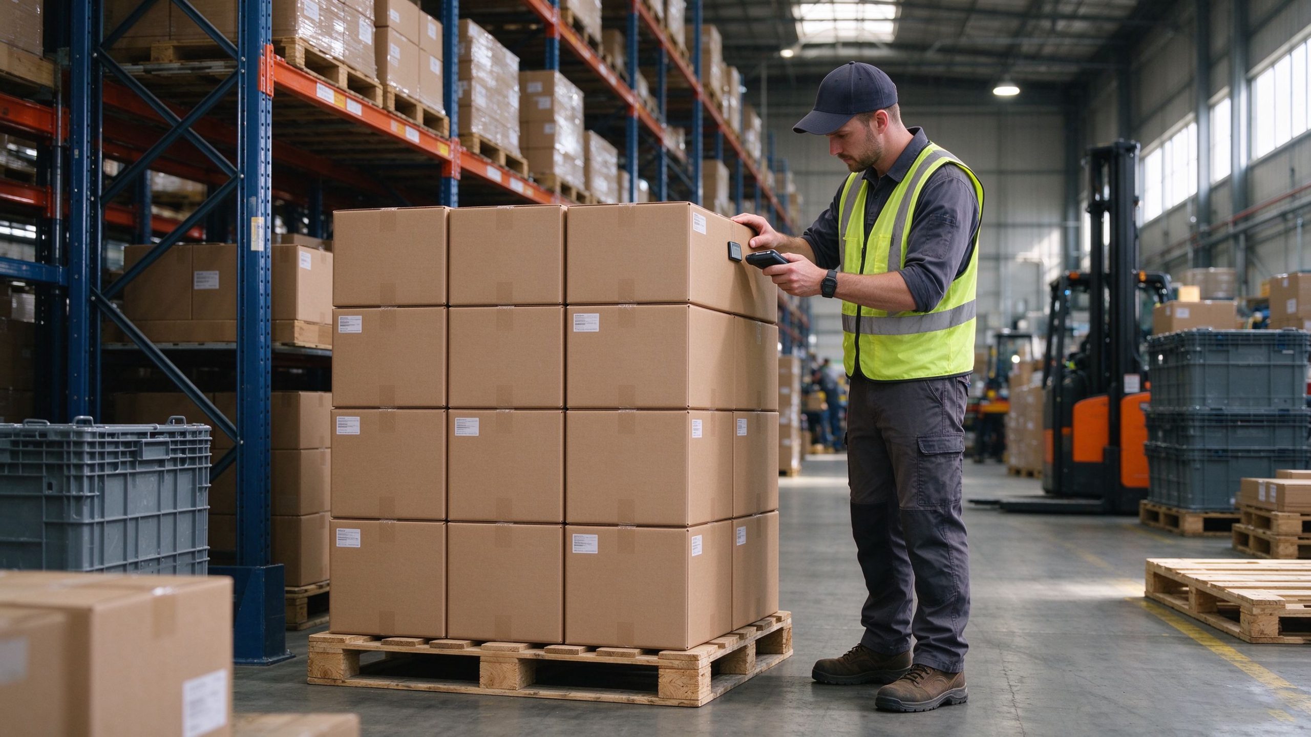 A warehouse worker inspecting an RFID label attached to a cardboard carton beside palletized goods in a European distribution center.