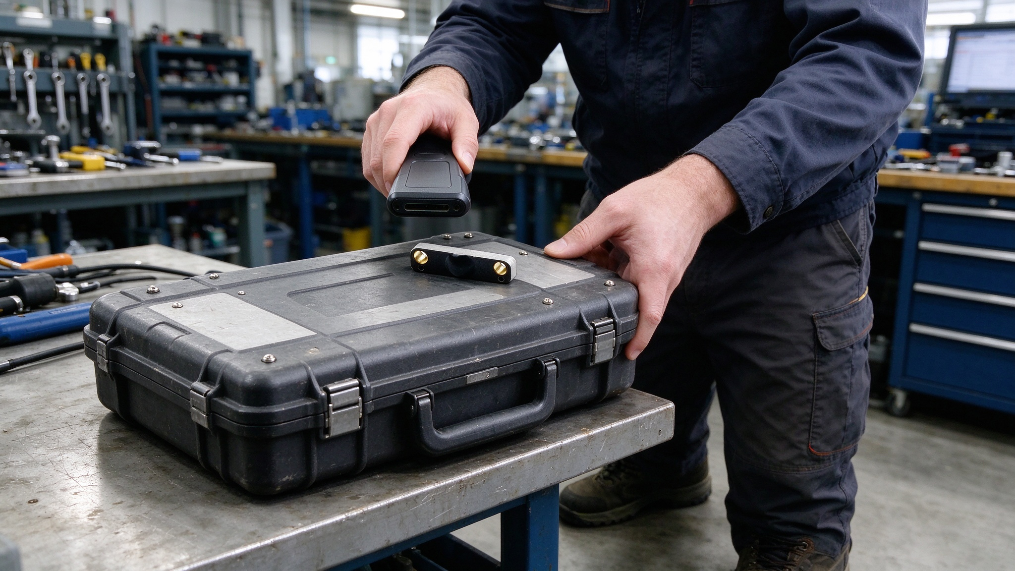 what is the purpose of an rfid tag 2 A maintenance technician inspecting a rugged RFID tag attached to a reusable tool case in a European factory.