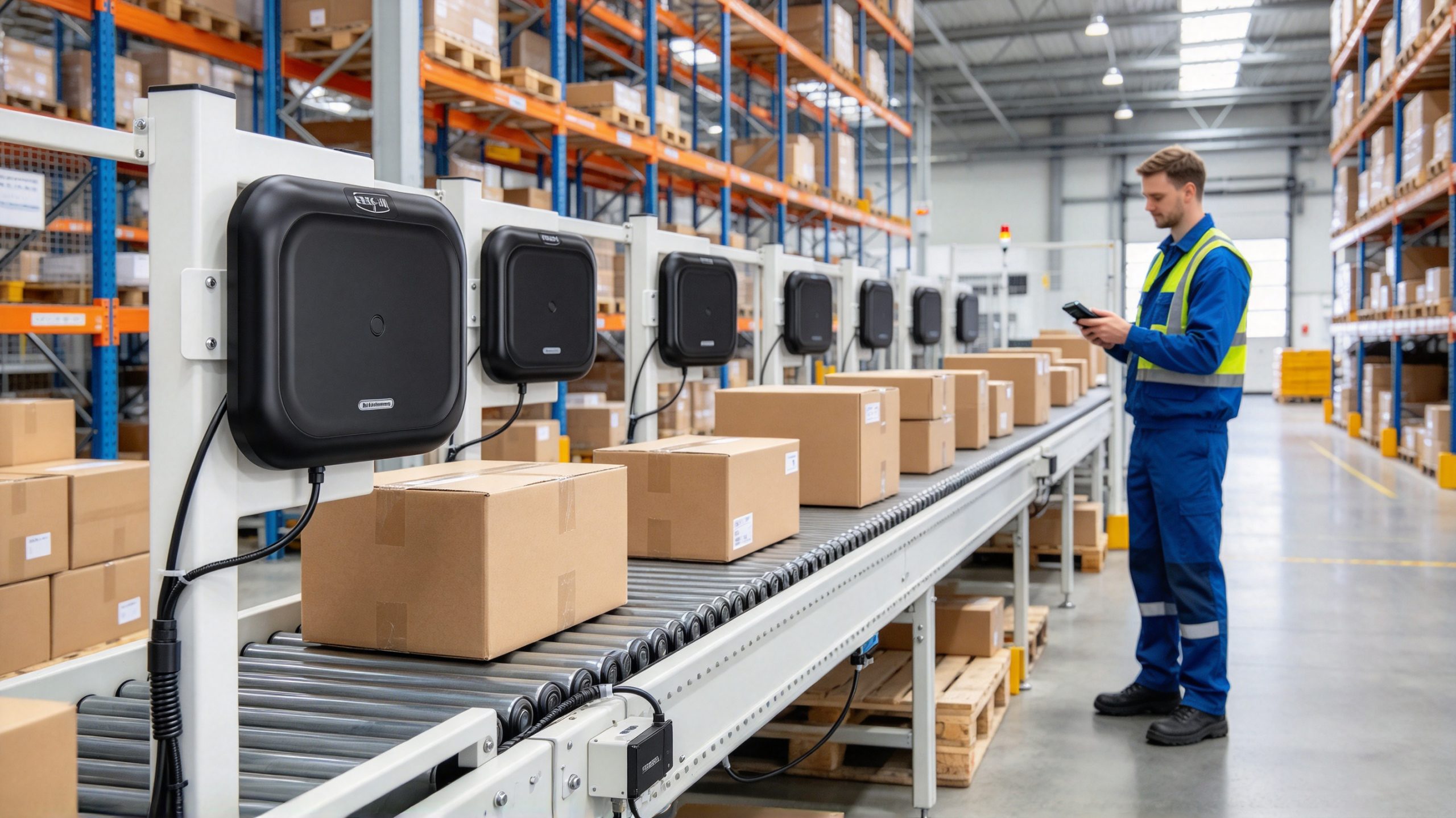 what means rfid 1 RFID readers detecting tagged cardboard cartons on a warehouse conveyor