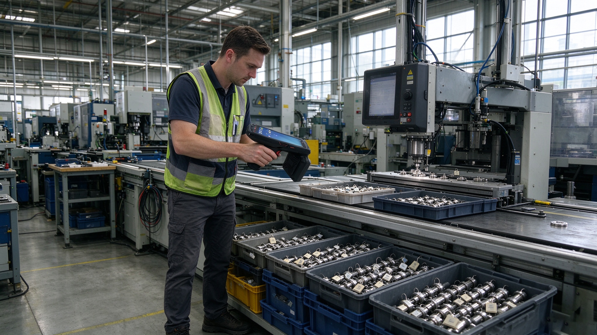 Why Use RFID Tags? 2 Technician using a handheld RFID reader to identify tagged components and equipment on a manufacturing floor.