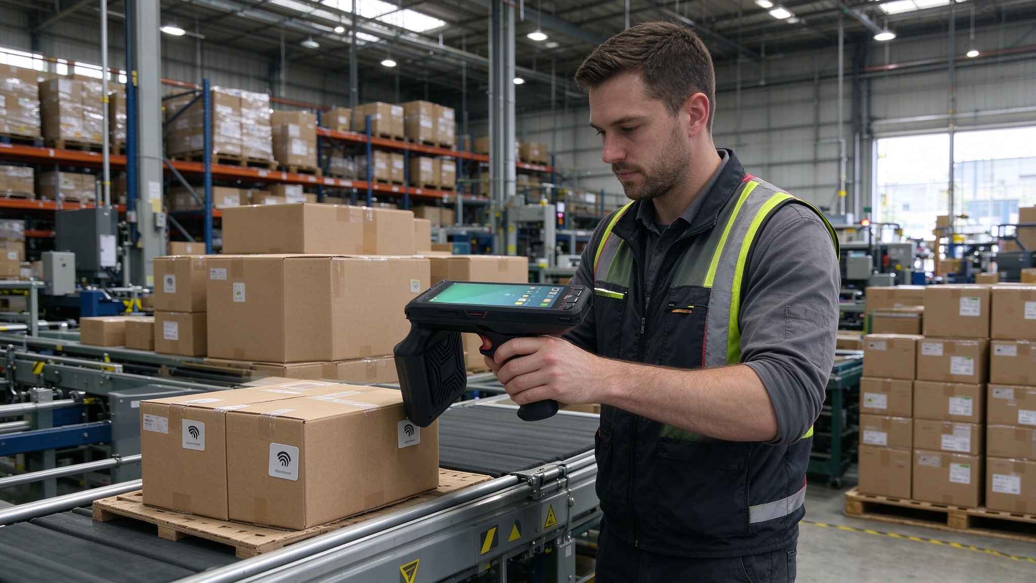 Why Use RFID Tags? 1 Warehouse employee using an RFID reader to identify tagged cartons on a conveyor in a distribution center.