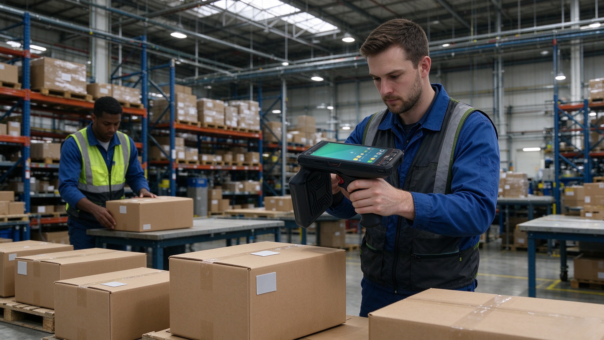 what rfid tag 1 RFID label tags attached to cardboard cartons while a warehouse worker uses a handheld RFID reader.