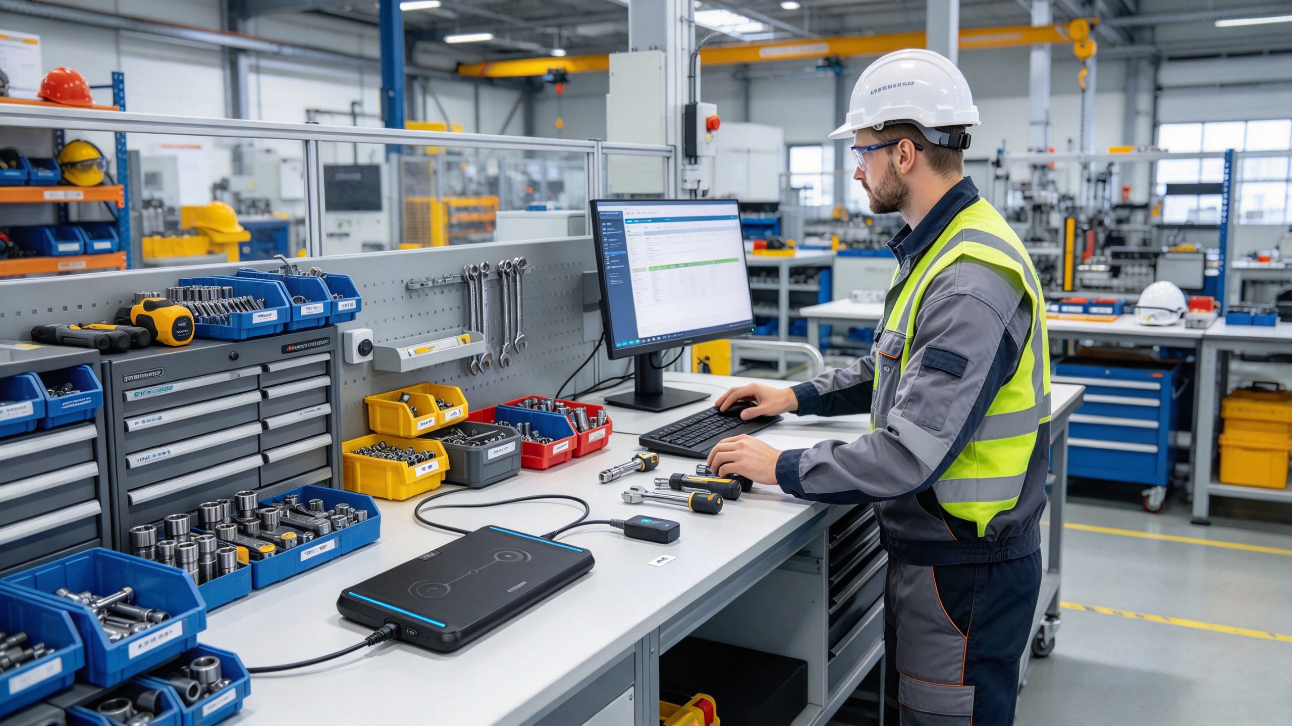 Engineer using RFID desktop reader to register industrial tools and equipment