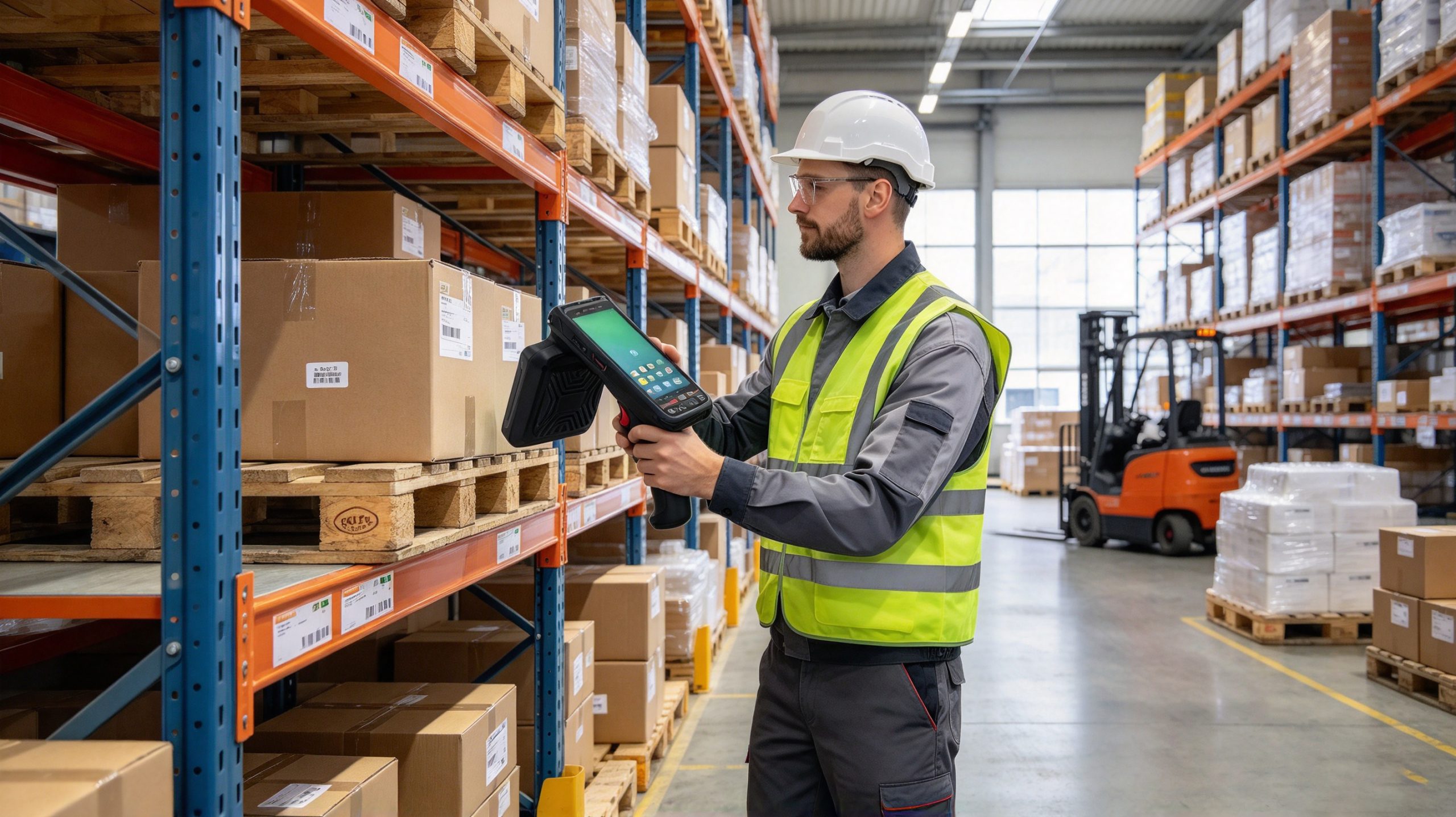 Warehouse operator using RFID technology reader to identify tagged products in inventory management