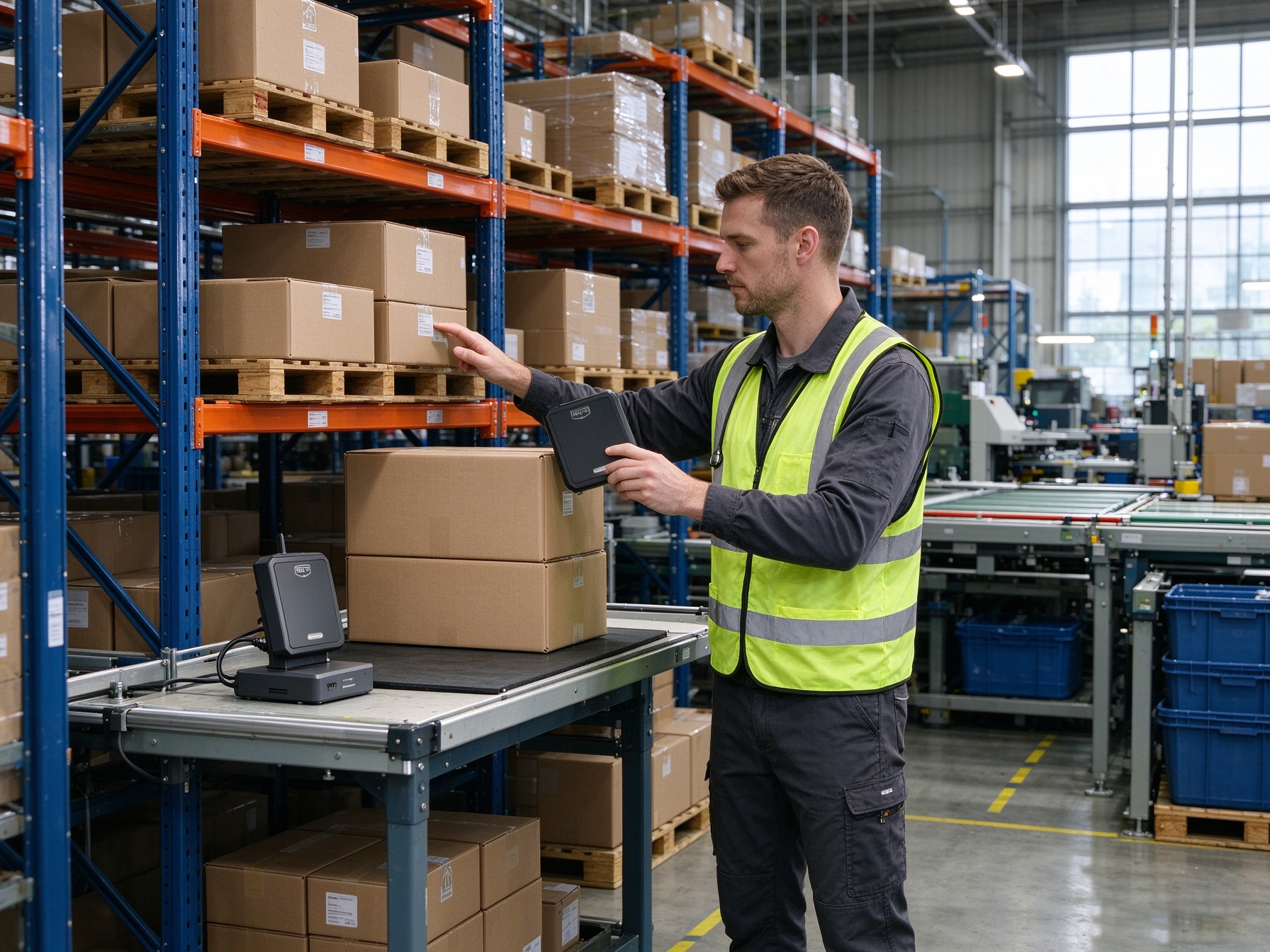 Warehouse worker using UHF RFID reader to identify tagged products in inventory management system