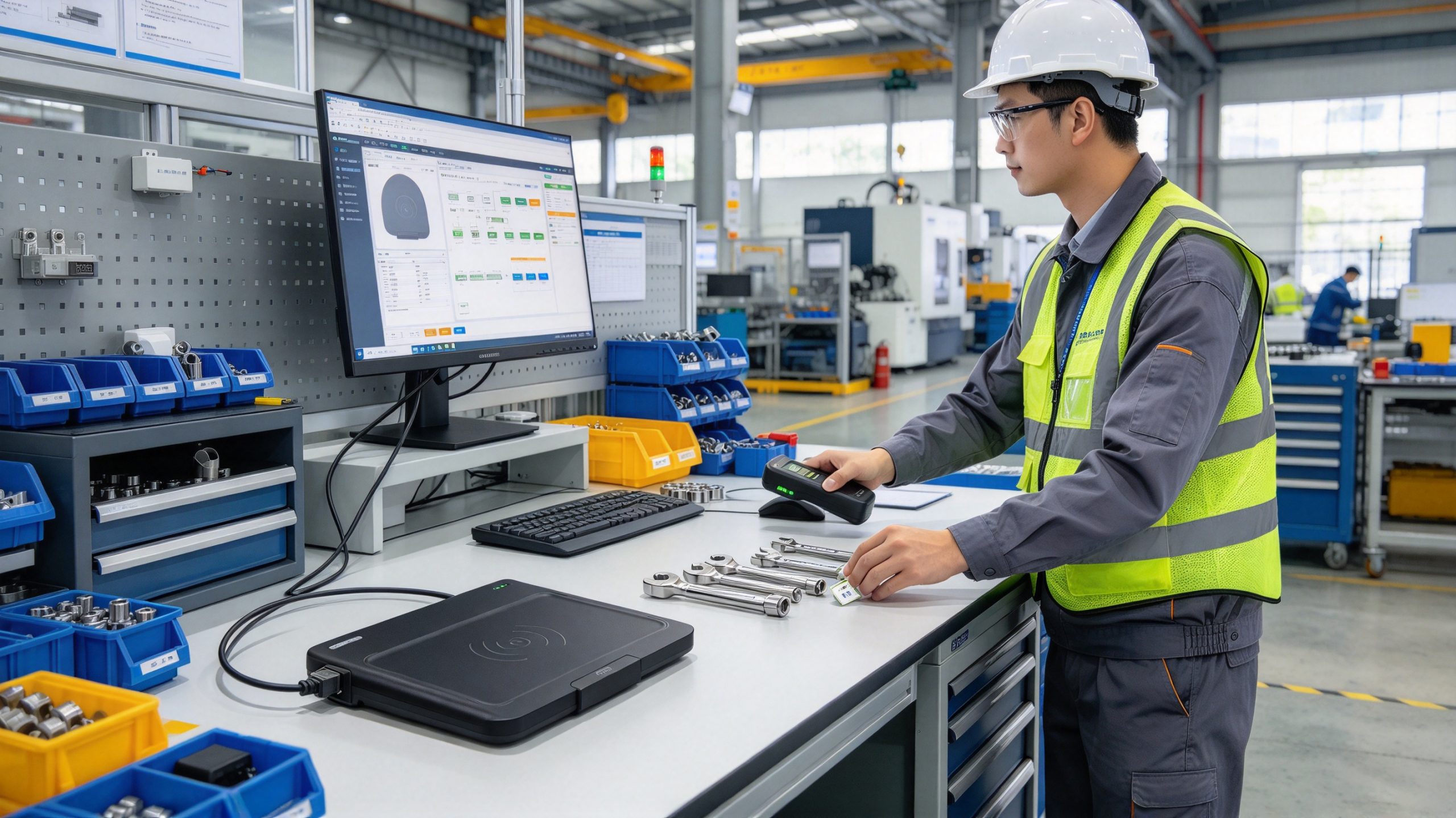 Industrial engineer using RFID desktop reader to register tagged tools and equipment