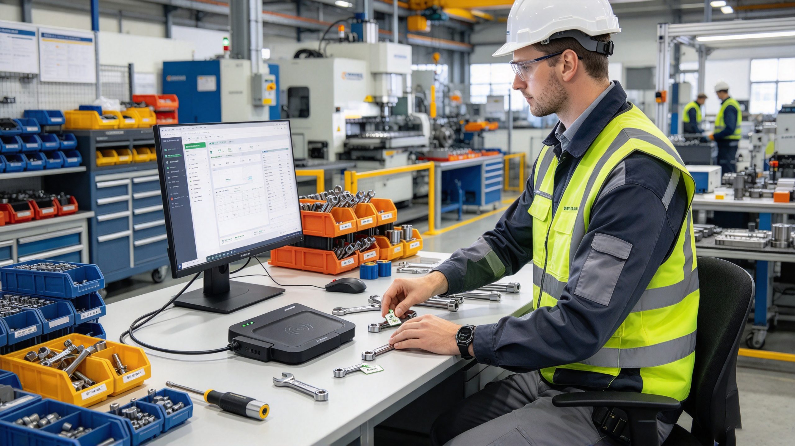 Engineer using RFID desktop reader to register tagged tools in industrial asset management system