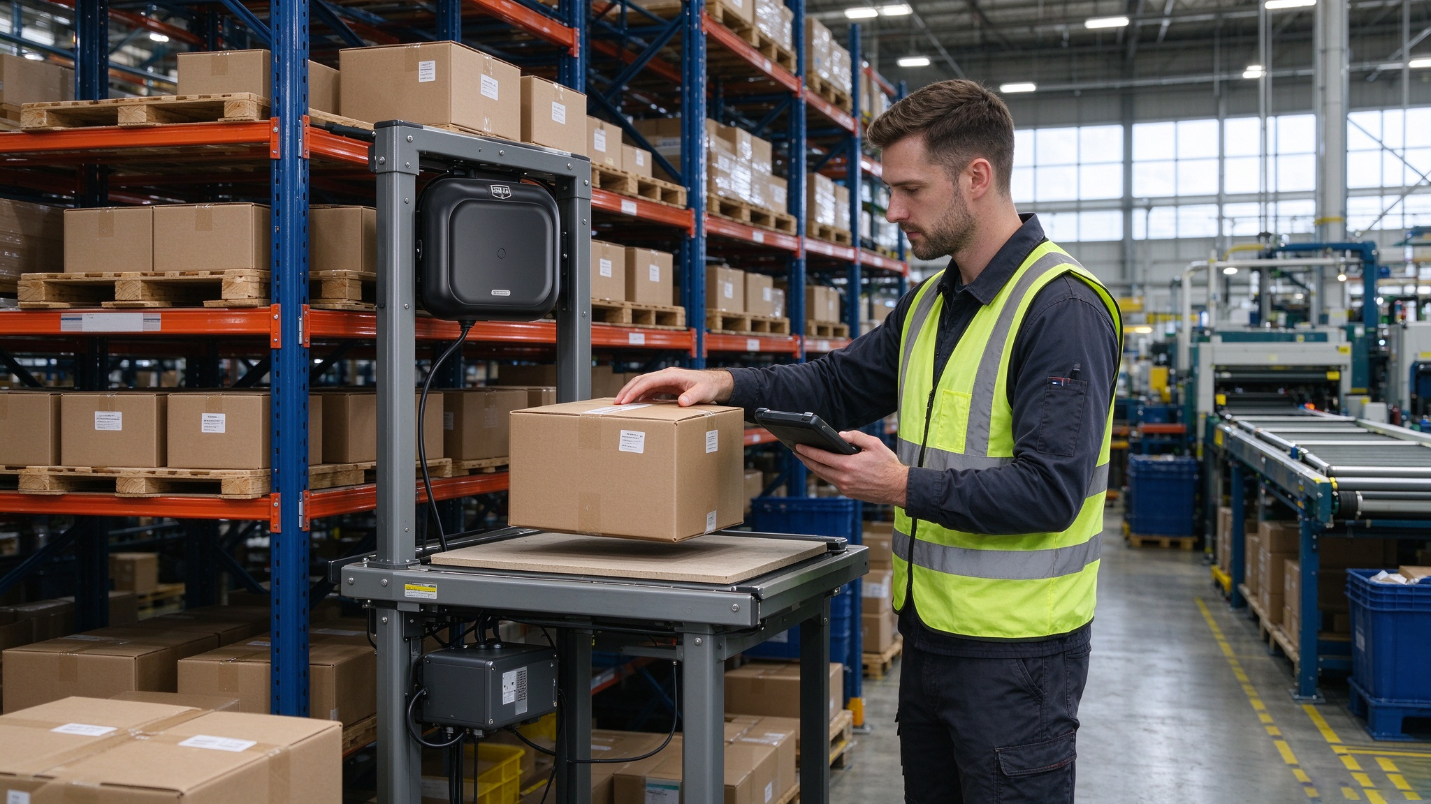 Warehouse worker using RFID reader to track tagged inventory items in logistics operations