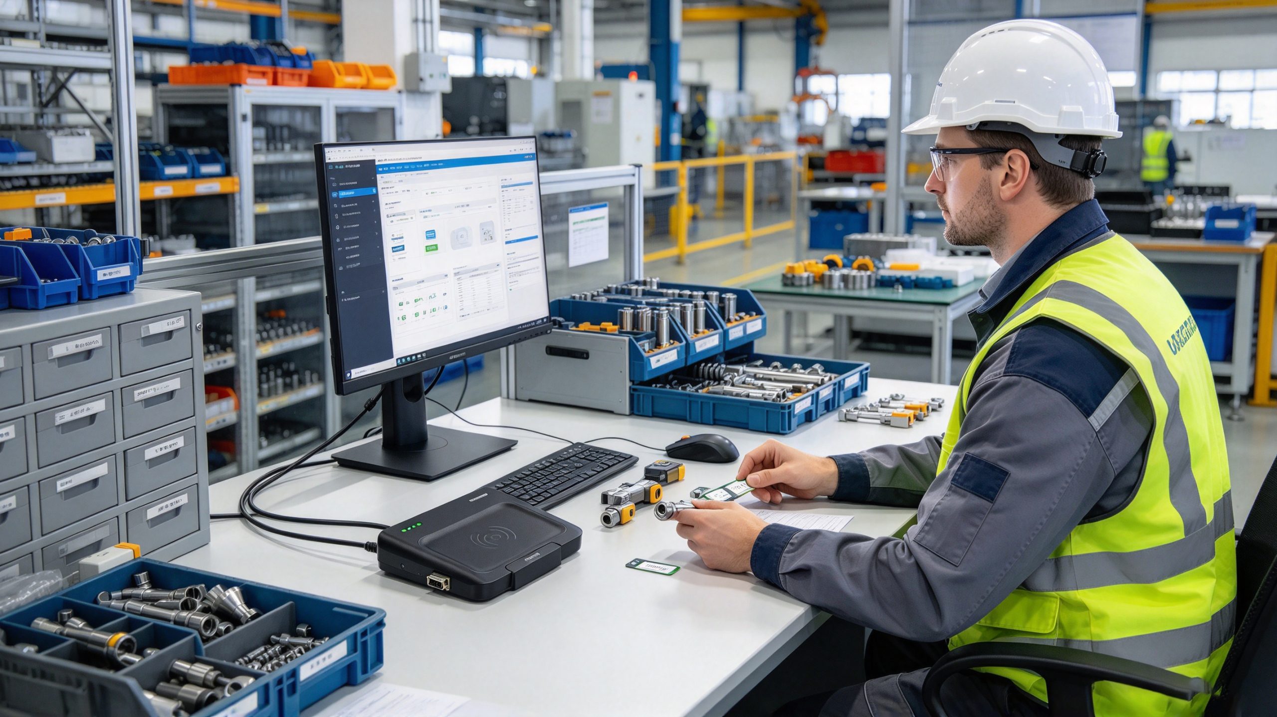Engineer using desktop RFID reader to write and manage RFID tags for industrial equipment