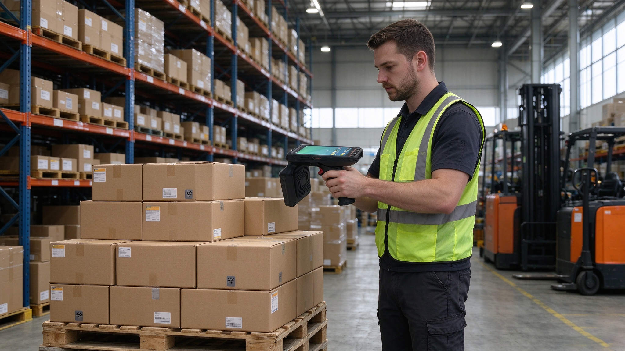 Warehouse employee using a handheld UHF RFID reader to identify multiple tagged cartons during inventory counting.