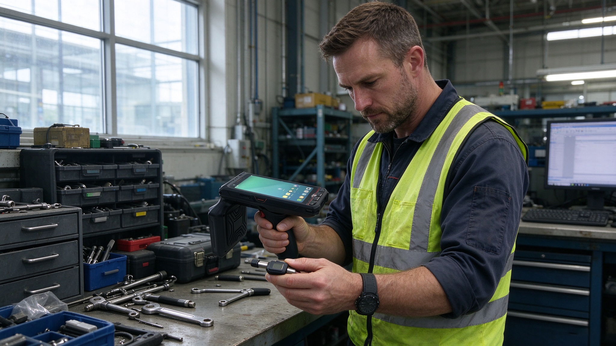 Technician using an RFID reader to identify tagged industrial tools in a European equipment management facility.