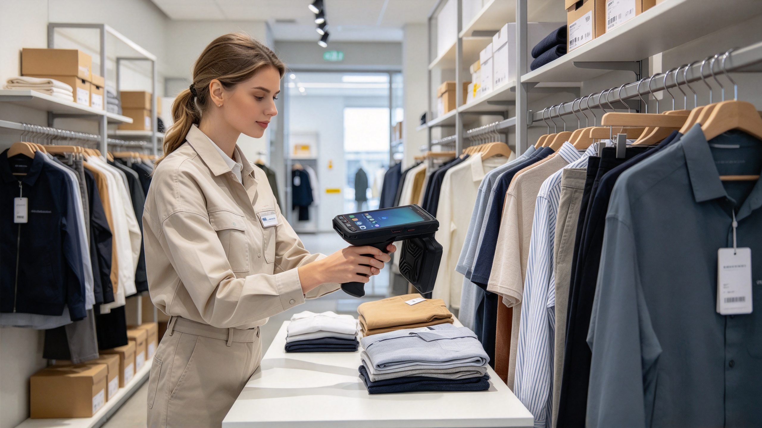 what rfid stands for 2 Retail employee using a handheld RFID reader to check tagged clothing in a store stockroom.