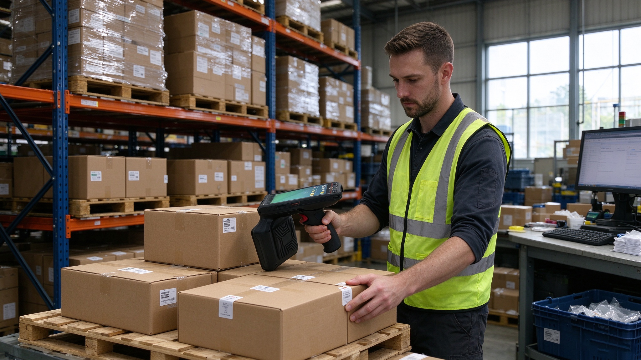 what is the definition of rfid 1 Warehouse operator using an RFID reader to identify tagged cartons in a European logistics facility.